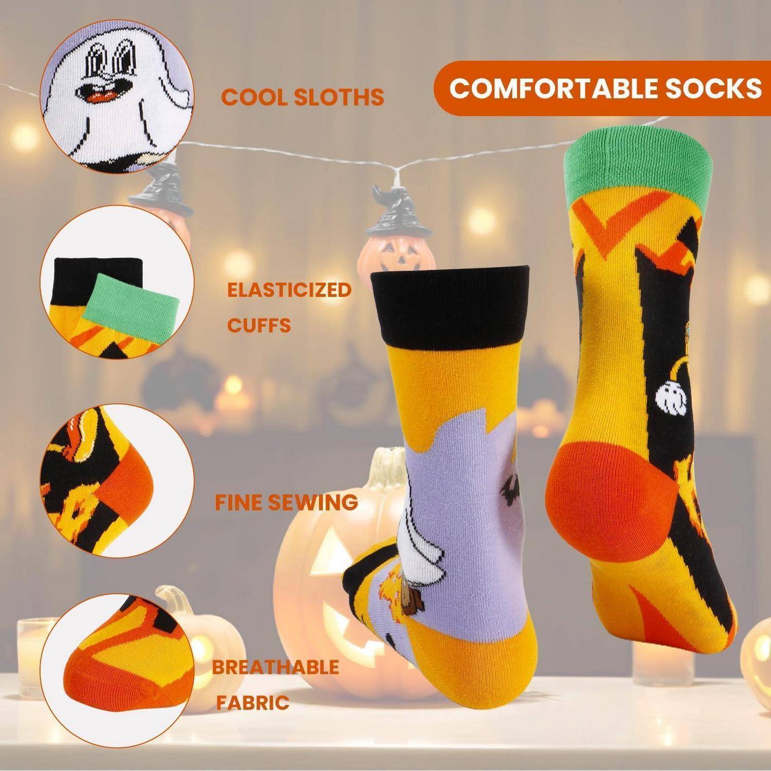 Bunte Halloween-Socken mit Funktionshinweisen: cooles Faultier-Design, elastische Manschetten, feine Nähte und atmungsaktives Material.
