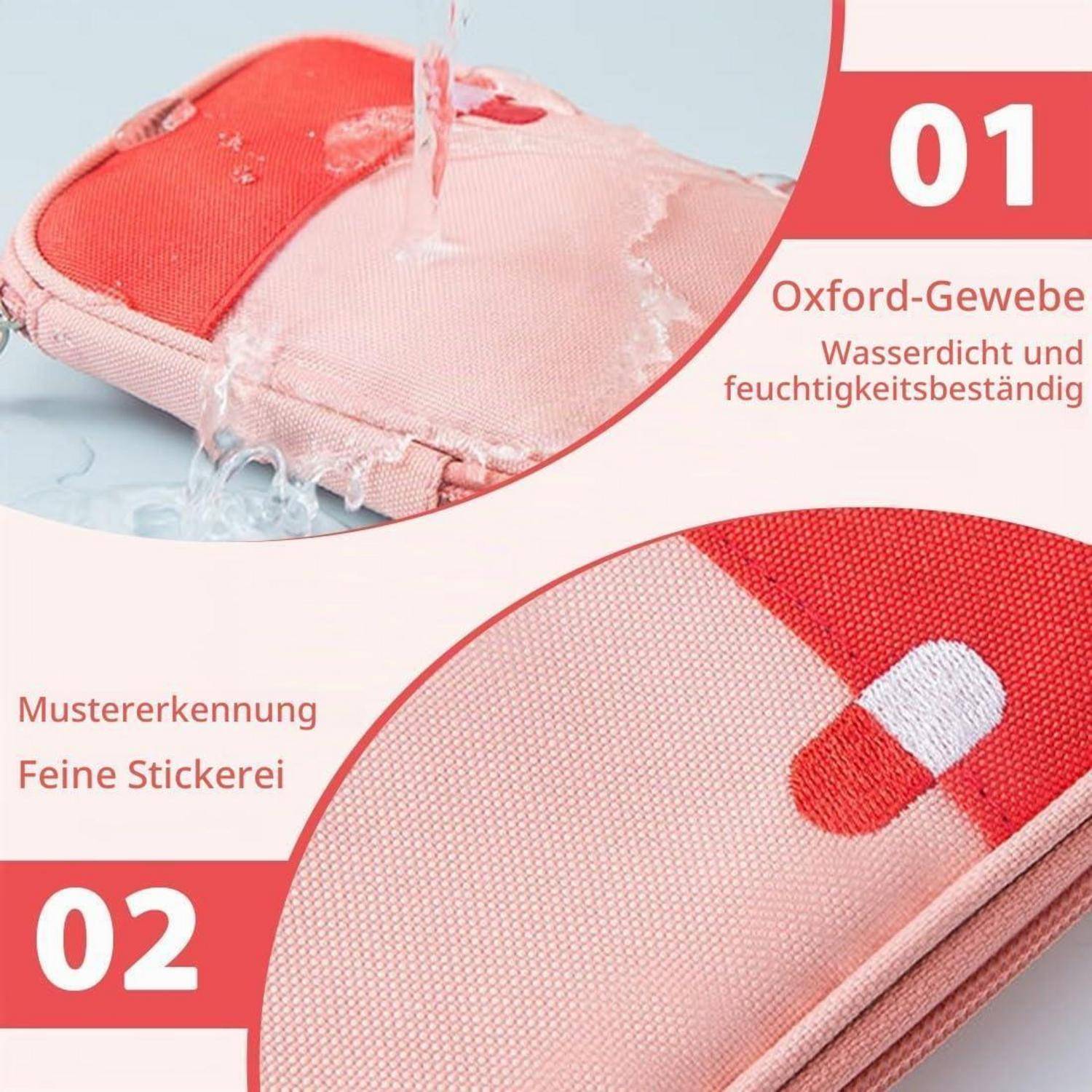 Infografik mit zwei Merkmalen einer rosa Tasche: '01' Oxford-Stoff, wasserdicht und feuchtigkeitsresistent; '02' feine Stickerei-Details.