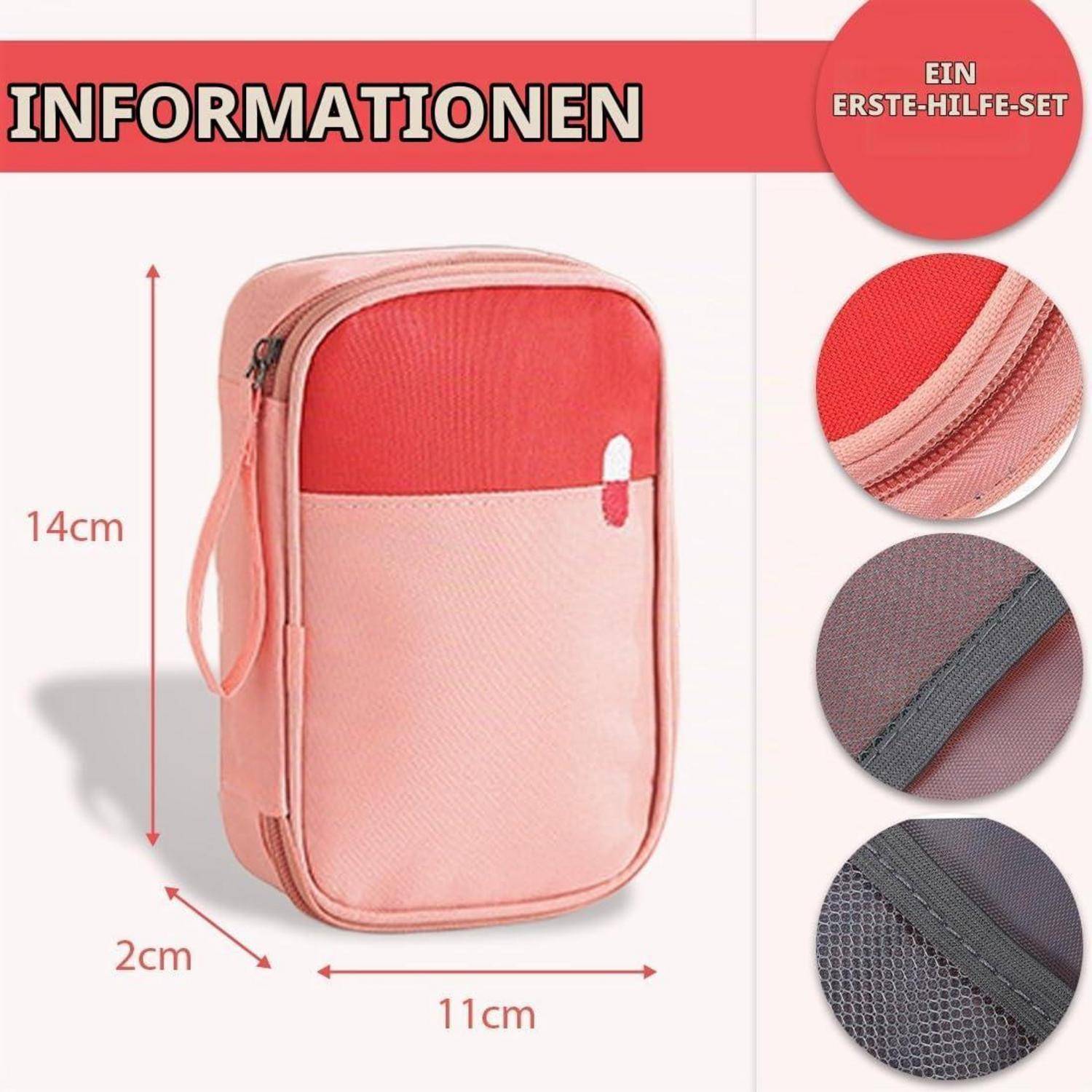 Abbildung einer rosa Erste-Hilfe-Tasche mit der Aufschrift „INFORMATIONEN" und „EIN ERSTE-HILFE-SET"", die Abmessungen von 14 cm Höhe, 11 cm Breite und 2 cm Tiefe zeigt, mit vergrößerten Materialdetails.