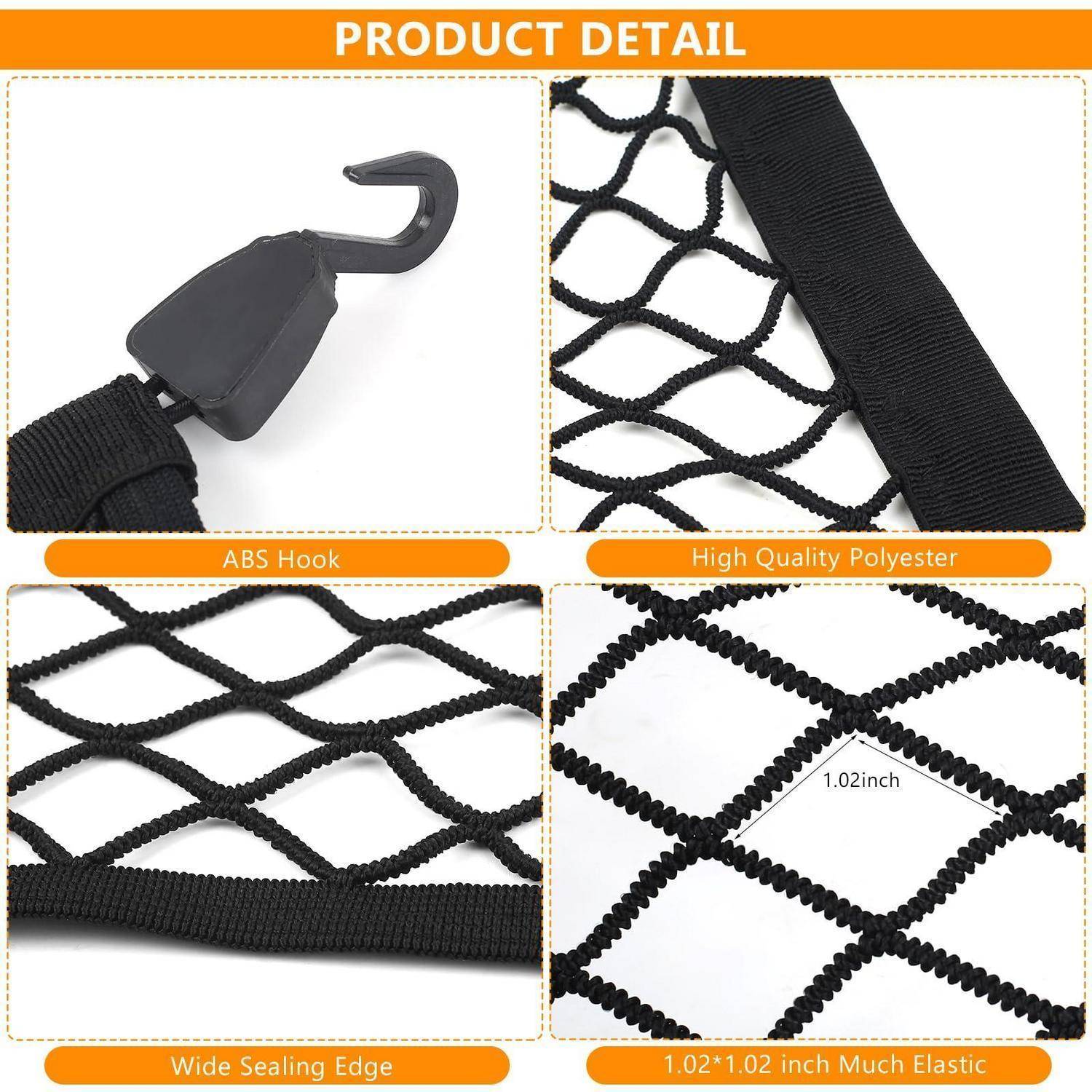 Produktdetailbild eines schwarzen Frachtnetzes mit ABS-Haken, Polyestermaterial, breiter Versiegelungskante und 1,02 x 1,02 Zoll elastischem Netz.