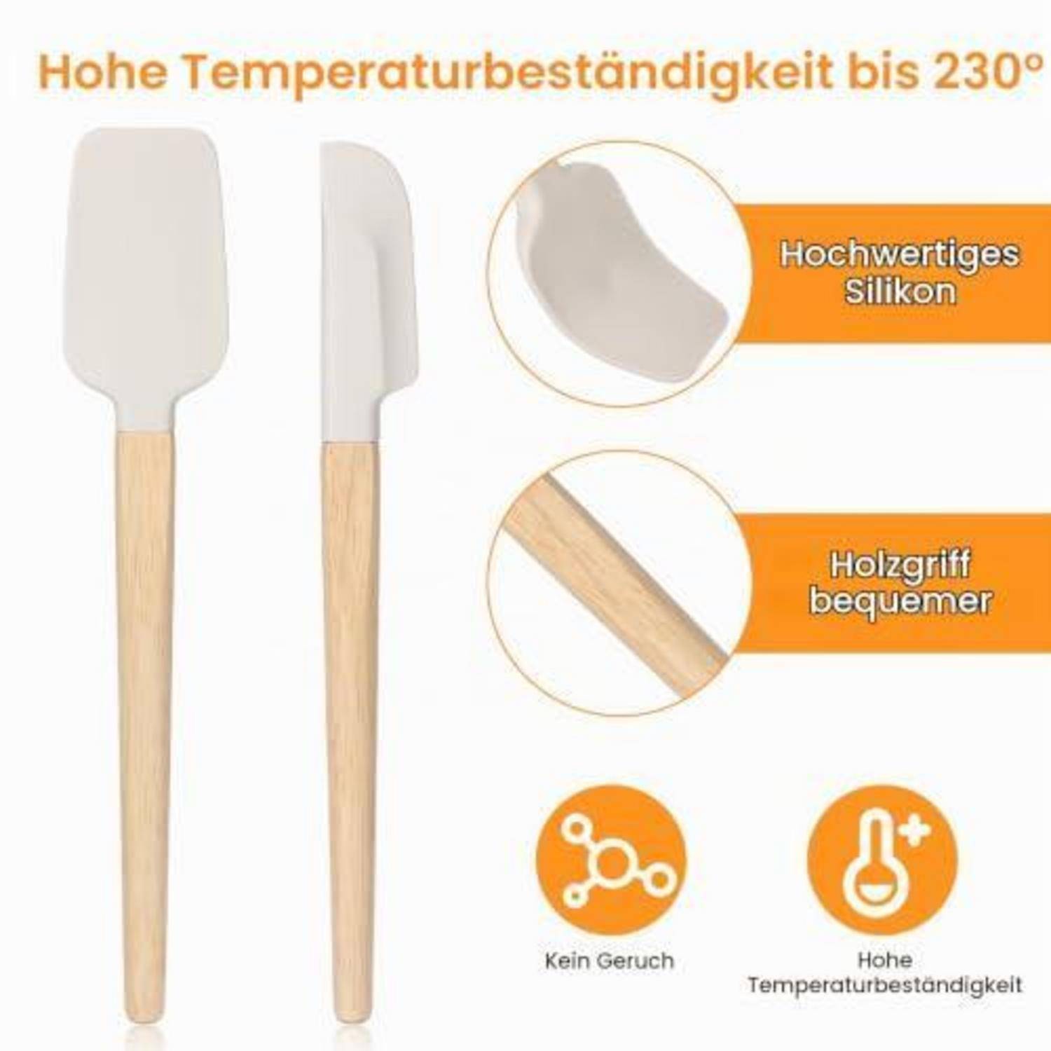 Grafik eines Silikonspachtels mit Holzgriff, hervorhebend „Hitzebeständigkeit bis 230°