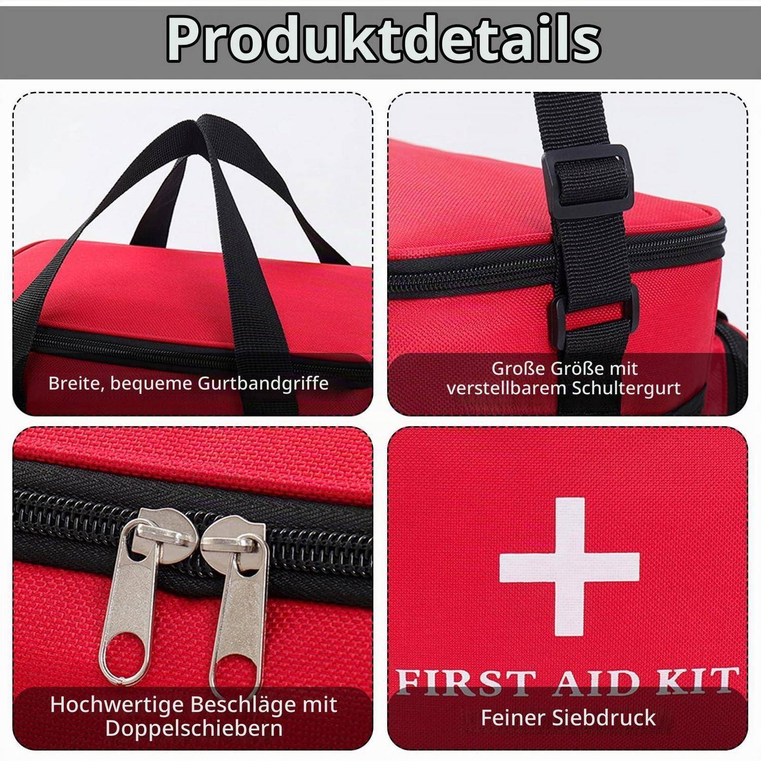 Collage einer roten Erste-Hilfe-Tasche mit breiten Tragegriffen, verstellbarem Schultergurt, Doppelreißverschlüssen und einem weißen Pluszeichen mit der Aufschrift „FIRST AID KIT".