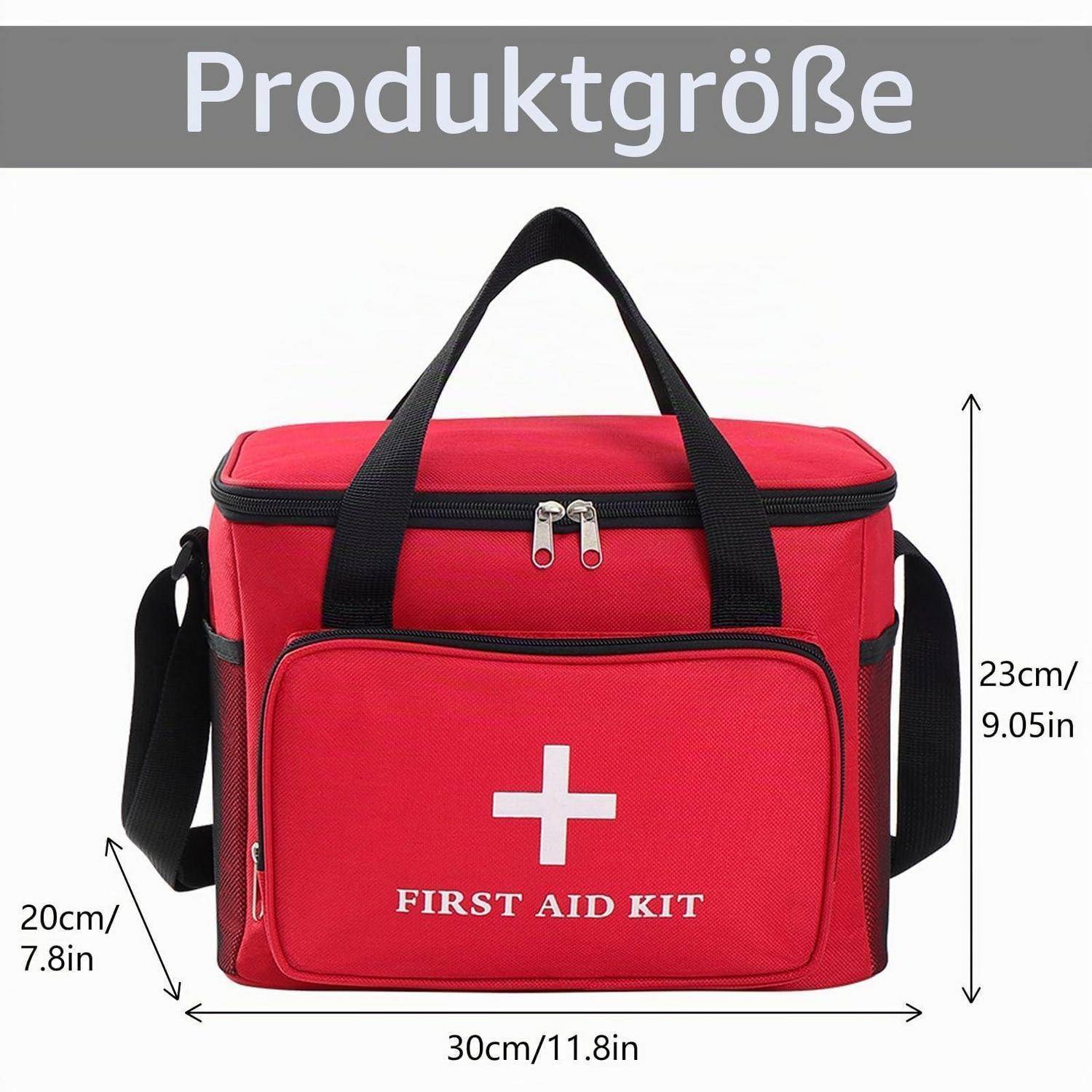 Rote Erste-Hilfe-Tasche, dargestellt als Produktabbildung in Originalgröße, mit den Maßen 30 cm Breite, 23 cm Höhe und 20 cm Tiefe.
