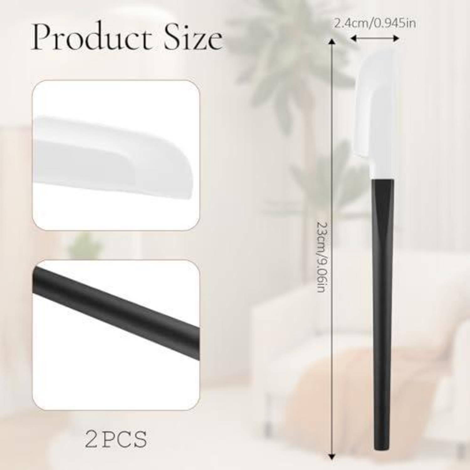 Produktgrößendiagramm für einen zweiteiligen Pinsel: 23 cm lang und 2,4 cm breit, mit weißen und schwarzen Griffkomponenten.