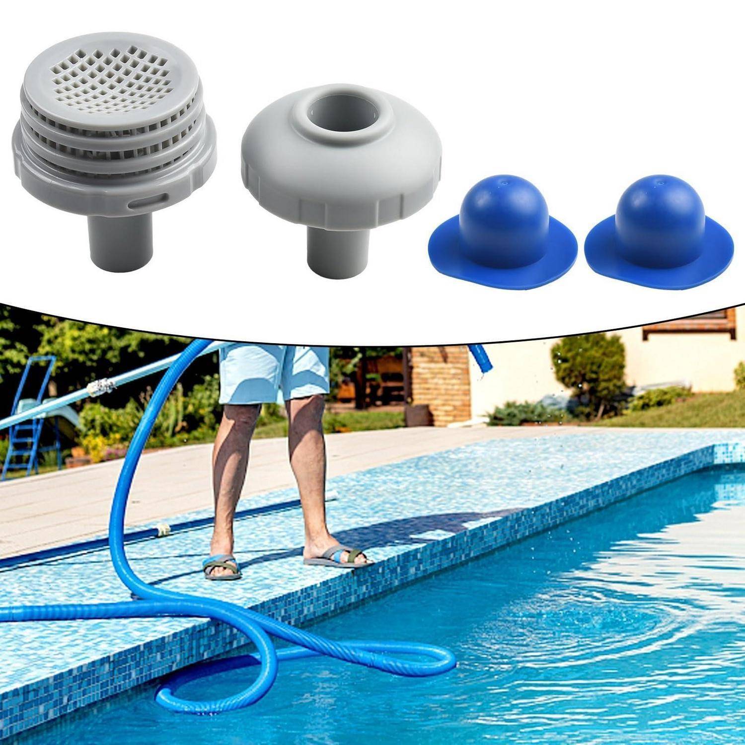 Poolskimmer-Zubehör oben und eine Person, die einen Schlauch verwendet, um einen Swimmingpool neben der Wasserlinie zu reinigen.