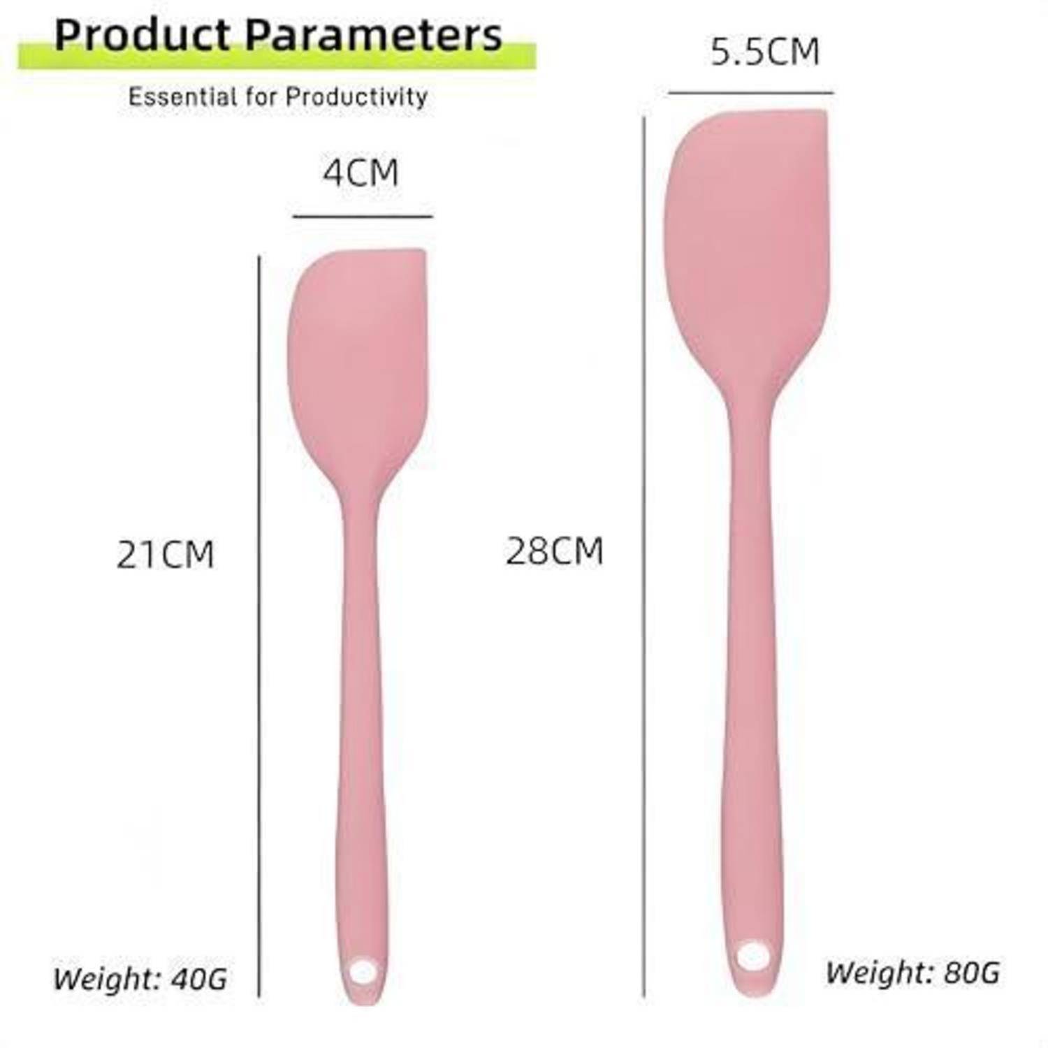 Produktparameter-Bild zum Vergleich von zwei rosa Spachteln: 21 cm x 4 cm, Gewicht 40 g, und 28 cm x 5,5 cm, Gewicht 80 g.