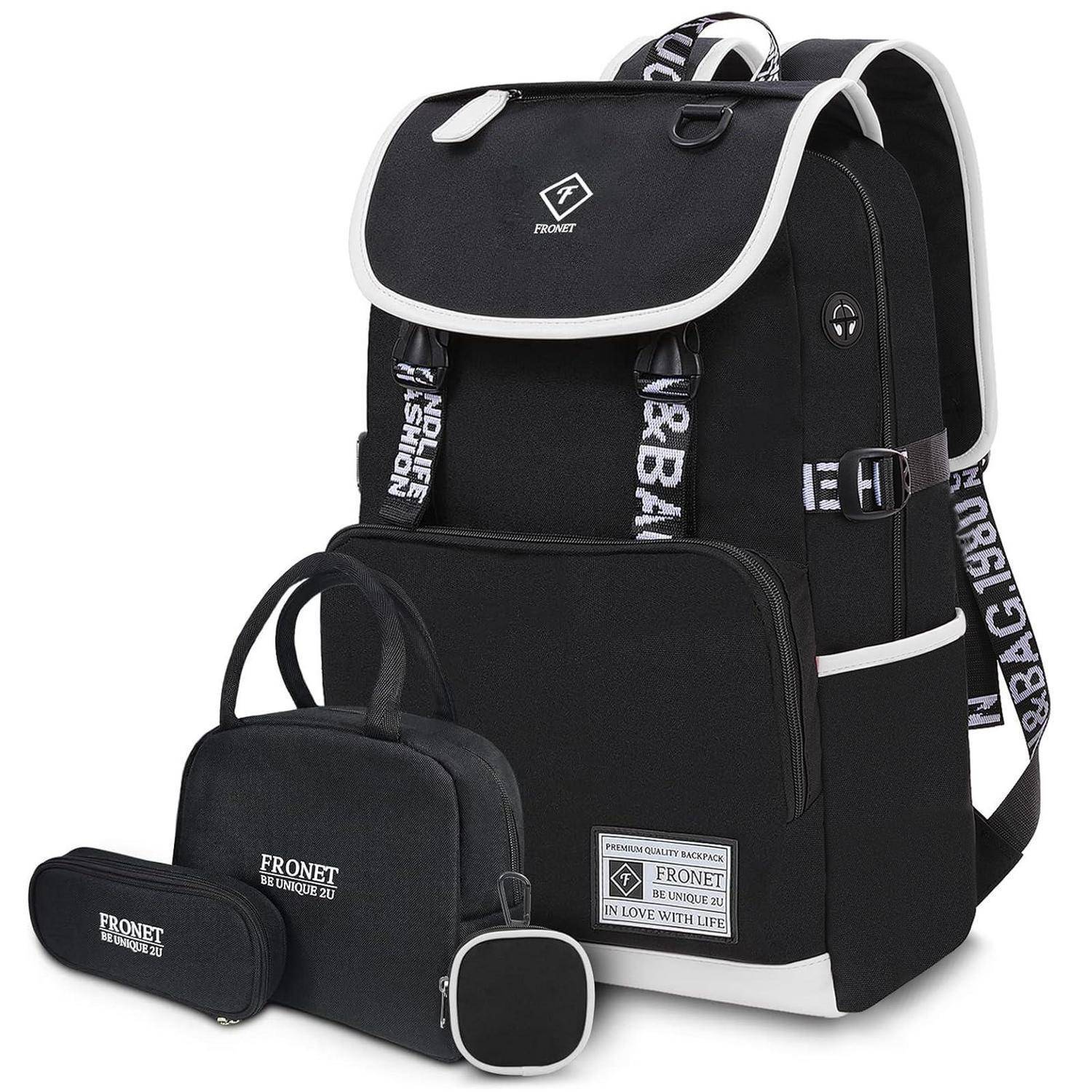 Schwarzes FRONET-Rucksack-Set mit Rucksack, Lunchbox, Federmäppchen und kleinem Beutel auf weißem Hintergrund.