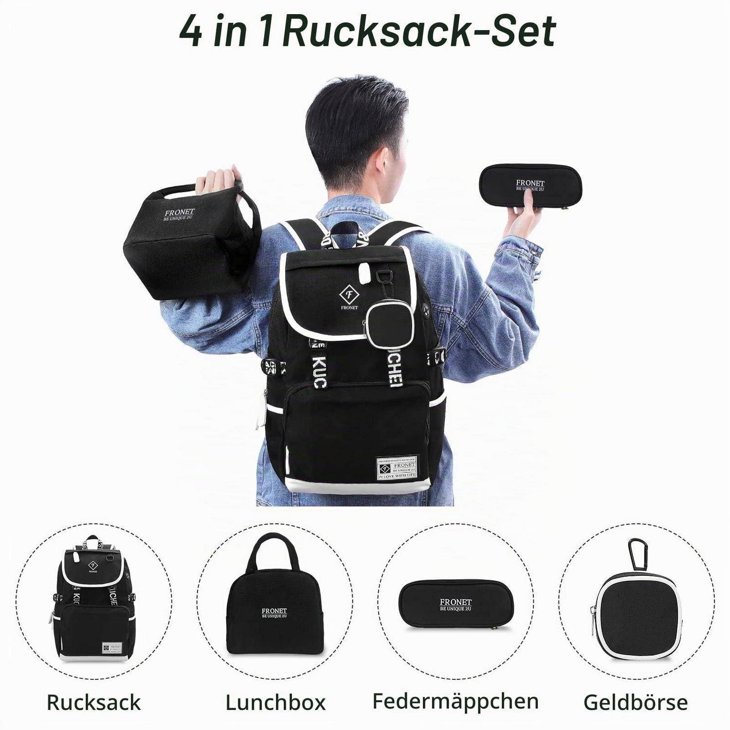 Werbebild eines 4-in-1-Rucksack-Sets: Ein Mann trägt einen Rucksack und zeigt die enthaltene Lunchbox, das Federmäppchen und die Geldbörse, beschriftet mit „Rucksack", „Lunchbox"", „Federmäppchen"" und „Geldbörse"".