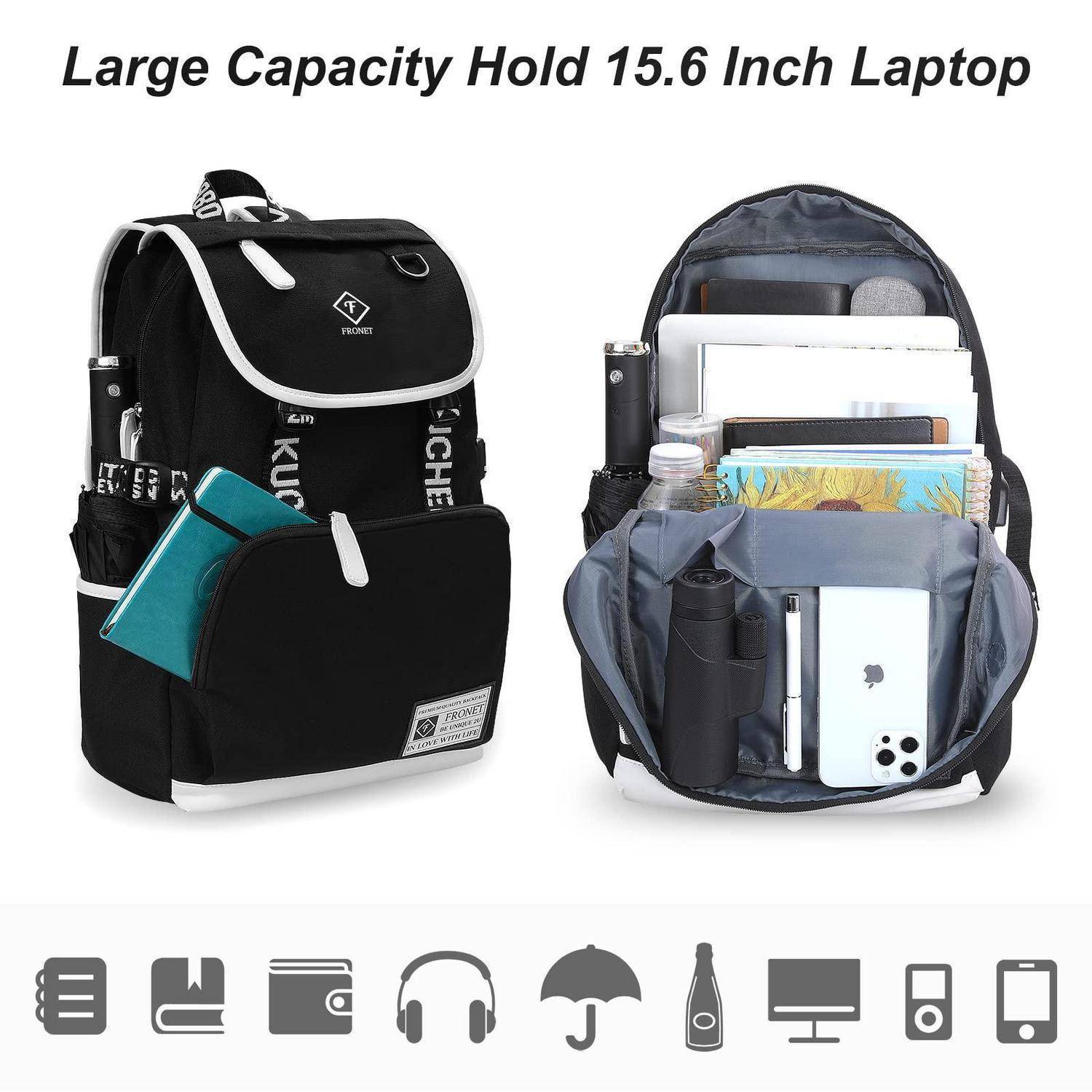 Schwarzer Laptop-Rucksack mit der Bezeichnung "Große Kapazität Hält 15,6-Zoll-Laptop"" geöffnet dargestellt mit Fächern, die einen Laptop, Tablet, Bücher, Flasche, Kopfhörer und Zubehör enthalten; Funktionssymbole unten.