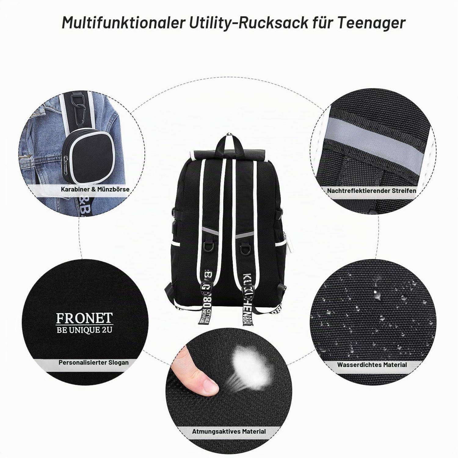 Produktabbildung eines schwarzen Multifunktions-Rucksacks für Jugendliche mit gestreiften Riemen, gezeigt mit Hinweisen auf Karabiner-Münzbörse, Reflektierendes Band, wasserdichtes und atmungsaktives Material und personalisierter Slogan.