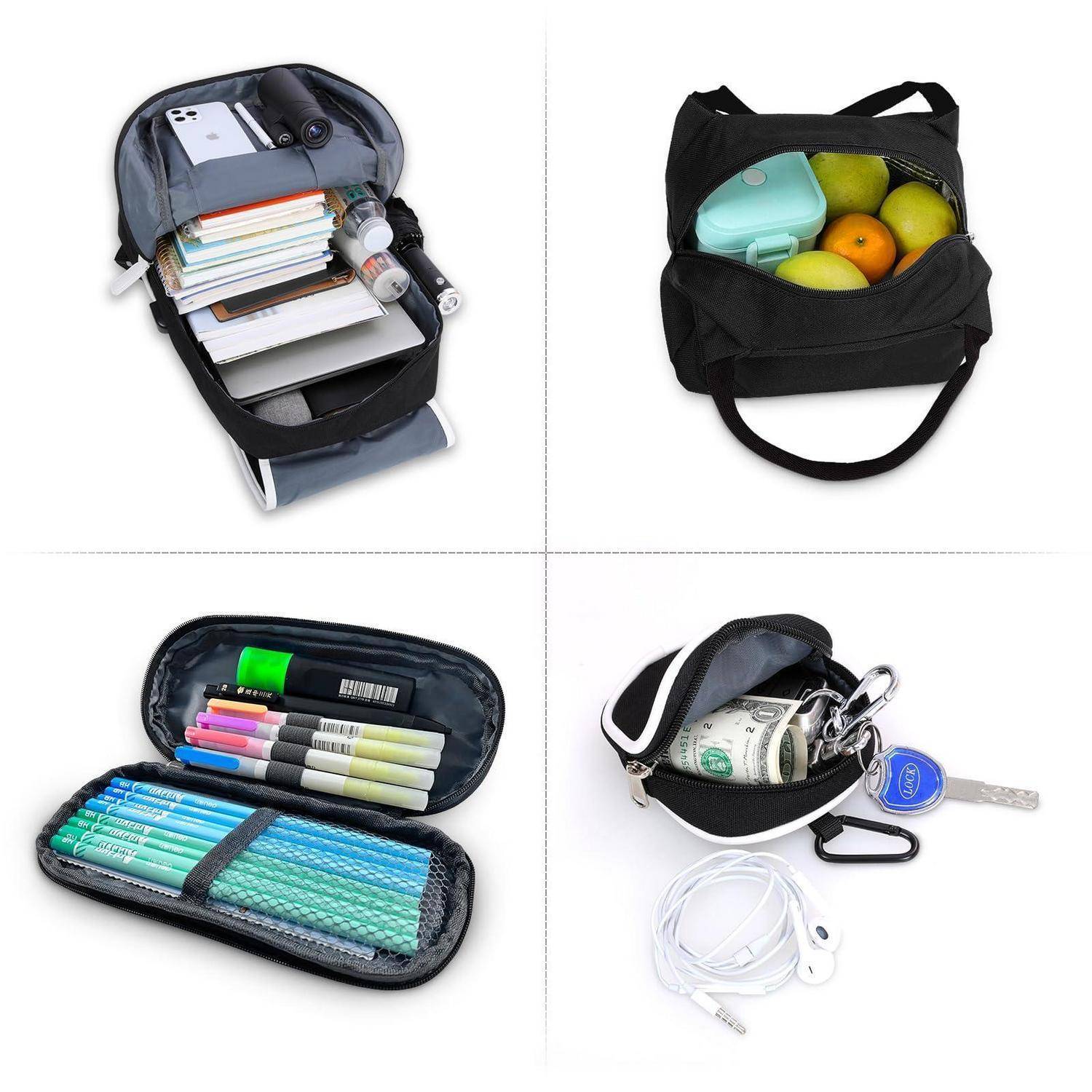 Vier Ansichten einer offenen schwarzen Tasche mit Reißverschluss, die zur Organización von Gegenständen verwendet wird und Bücher und Flaschen, Obst, Stifte und Marker sowie Schlüssel mit Ohrhörern zeigt.