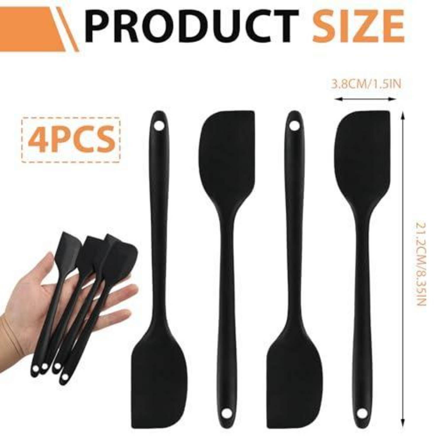 Produktgrößengrafik mit 4 schwarzen Silikonspachteln; jeder ist 21,2 cm (8,35 Zoll) lang und 3,8 cm (1,5 Zoll) breit, mit einer Hand, die das Set hält.