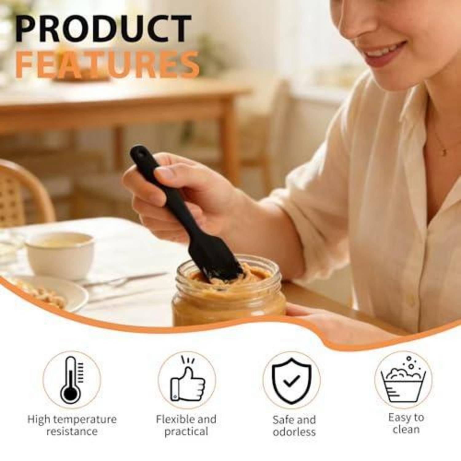 Produktmerkmale-Grafik mit einer Frau, die Lebensmittel in einem Glas umrührt; Symbole heben hervor: Hochtemperaturbeständigkeit, flexibel und praktisch, sicher und geruchlos, sowie einfach zu reinigen.