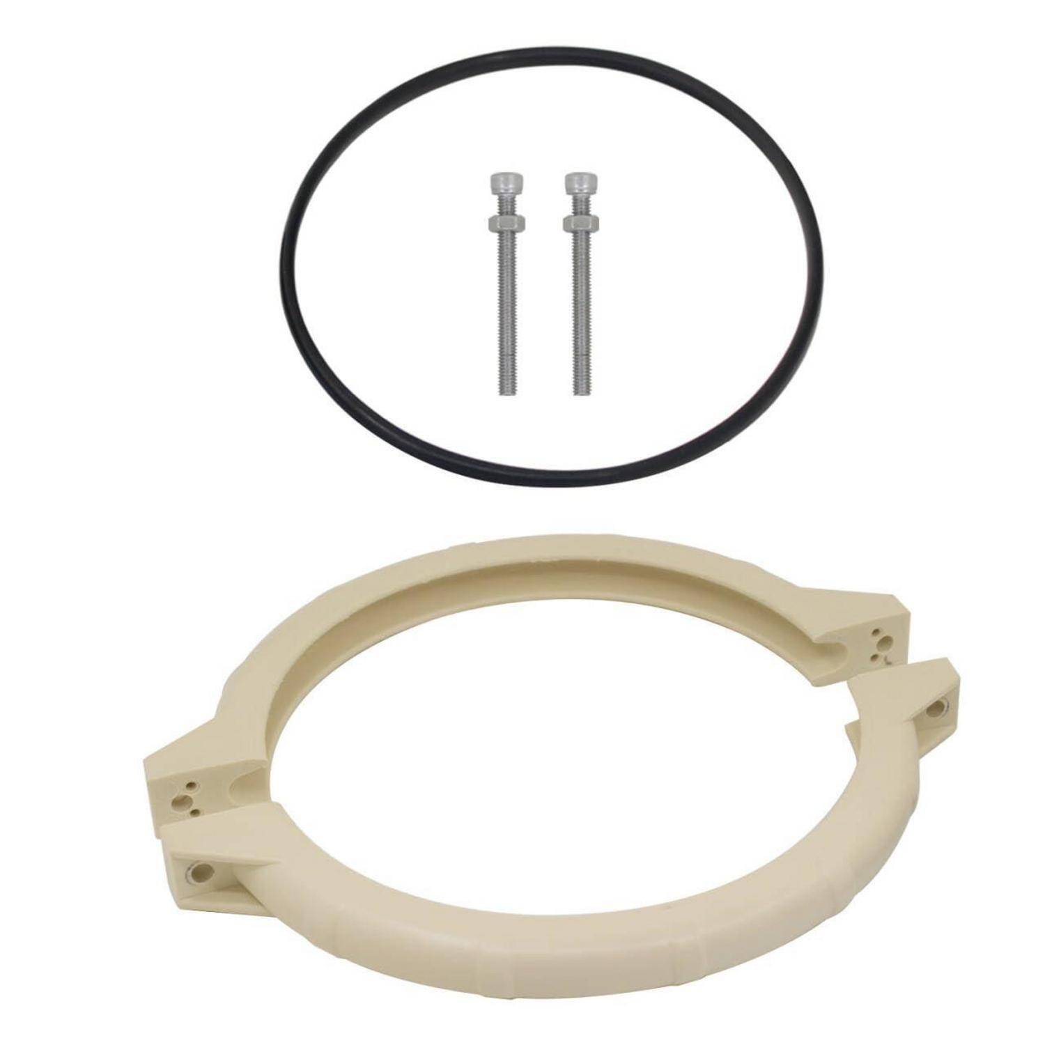 Beige Kreisförmiger Spannring mit zwei Bolzen oben und schwarzem O-Ring, wahrscheinlich ein Hardware-Montageset.