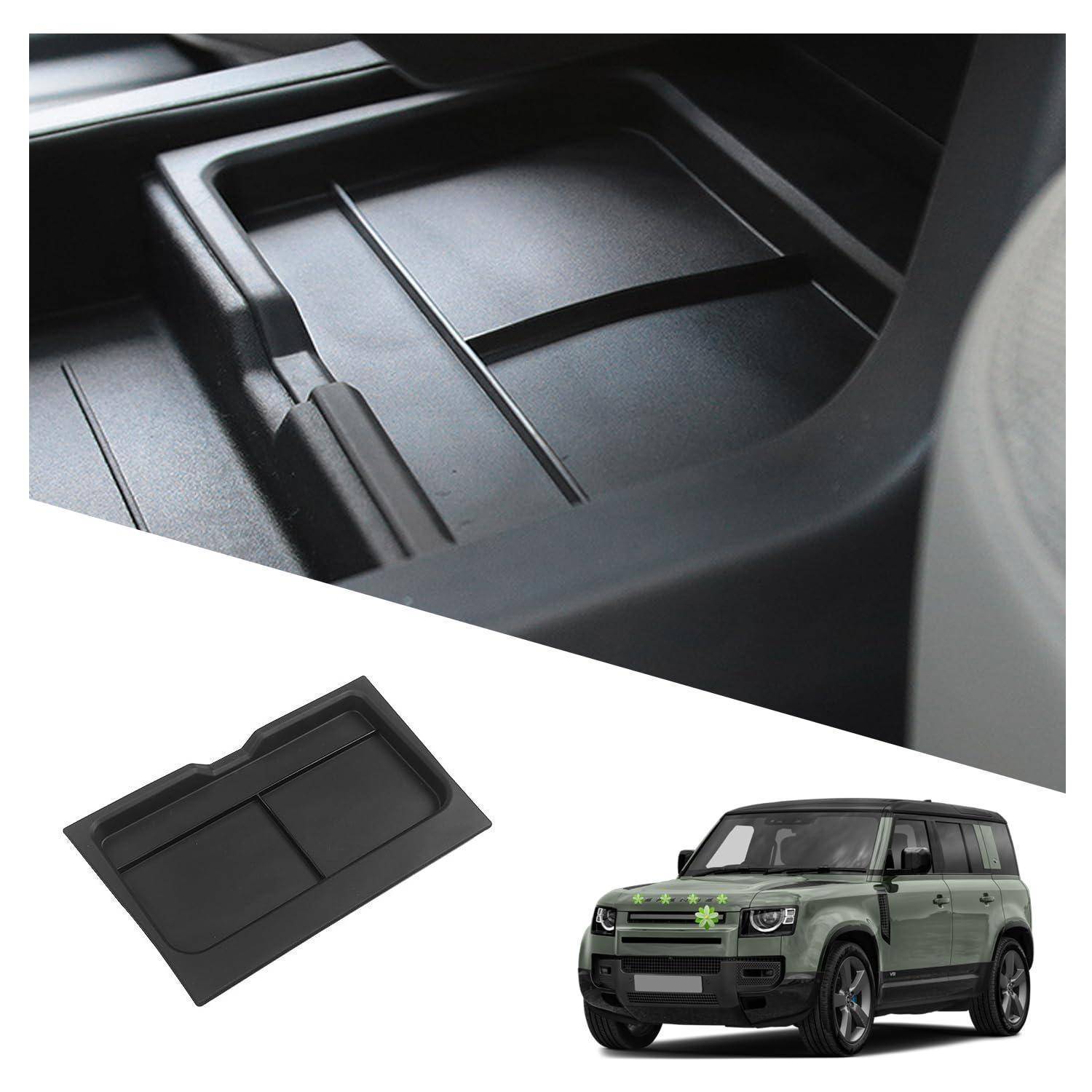 Autoladeraum-Organizer-Tablett-Einsatz in Großaufnahme gezeigt, mit einer größeren Ansicht des Tabletts und einem kleinen SUV, das anzeigt, dass es in den hinteren Lagerbereich des Fahrzeugs passt.
