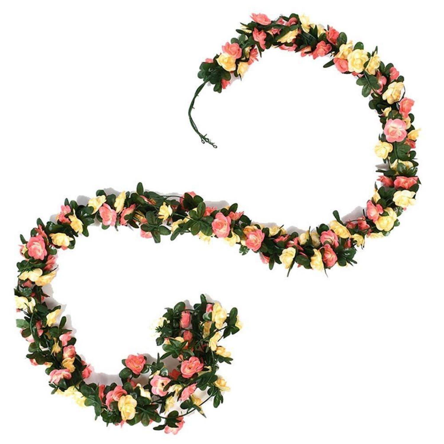 Zwei florale Girlanden aus rosa und gelben Rosen mit grünen Blättern, in offenen Schleifen auf weißem Hintergrund angeordnet.