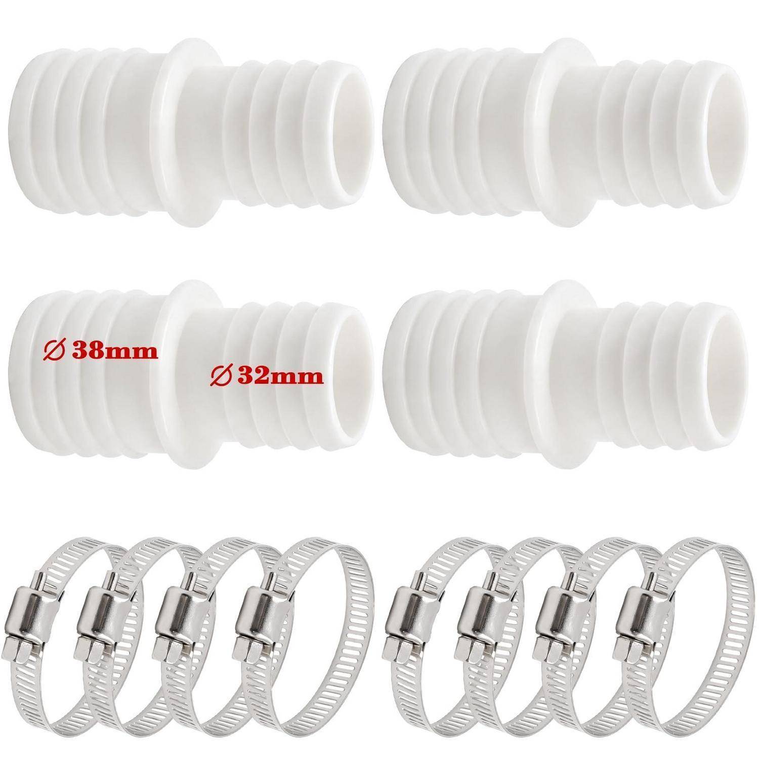 Produktbild mit zwei weißen Stufenschlauchverbindern mit den Größenangaben Ø38mm und Ø32mm sowie zwei Sätzen Edelstahl-Schlauchschellen.