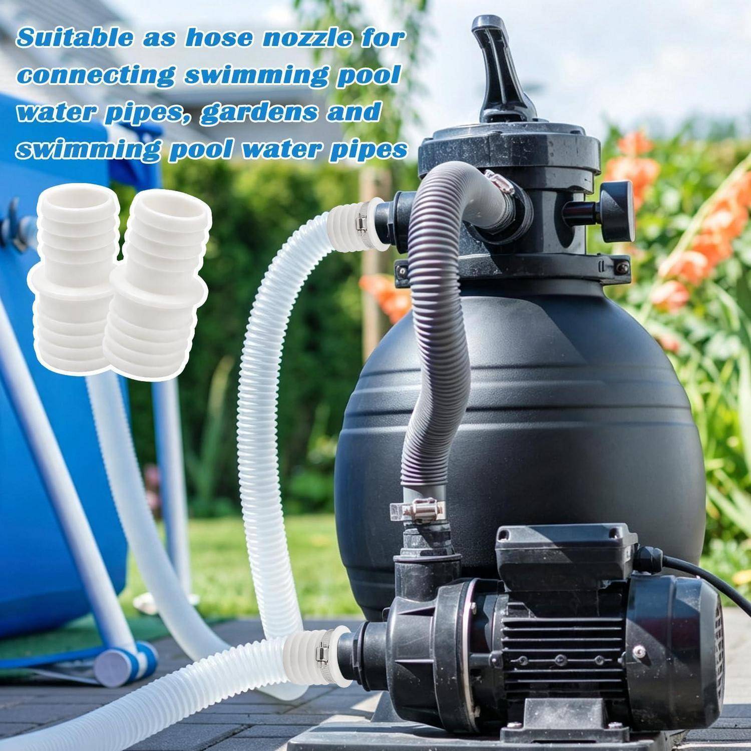 Poolfilter-Pumpe mit Schläuchen und Düsenadaptern; Text sagt „Geeignet als Schlauchdüse zum Anschluss von Schwimmbadwasserleitungen, Gärten und Schwimmbadwasserleitungen