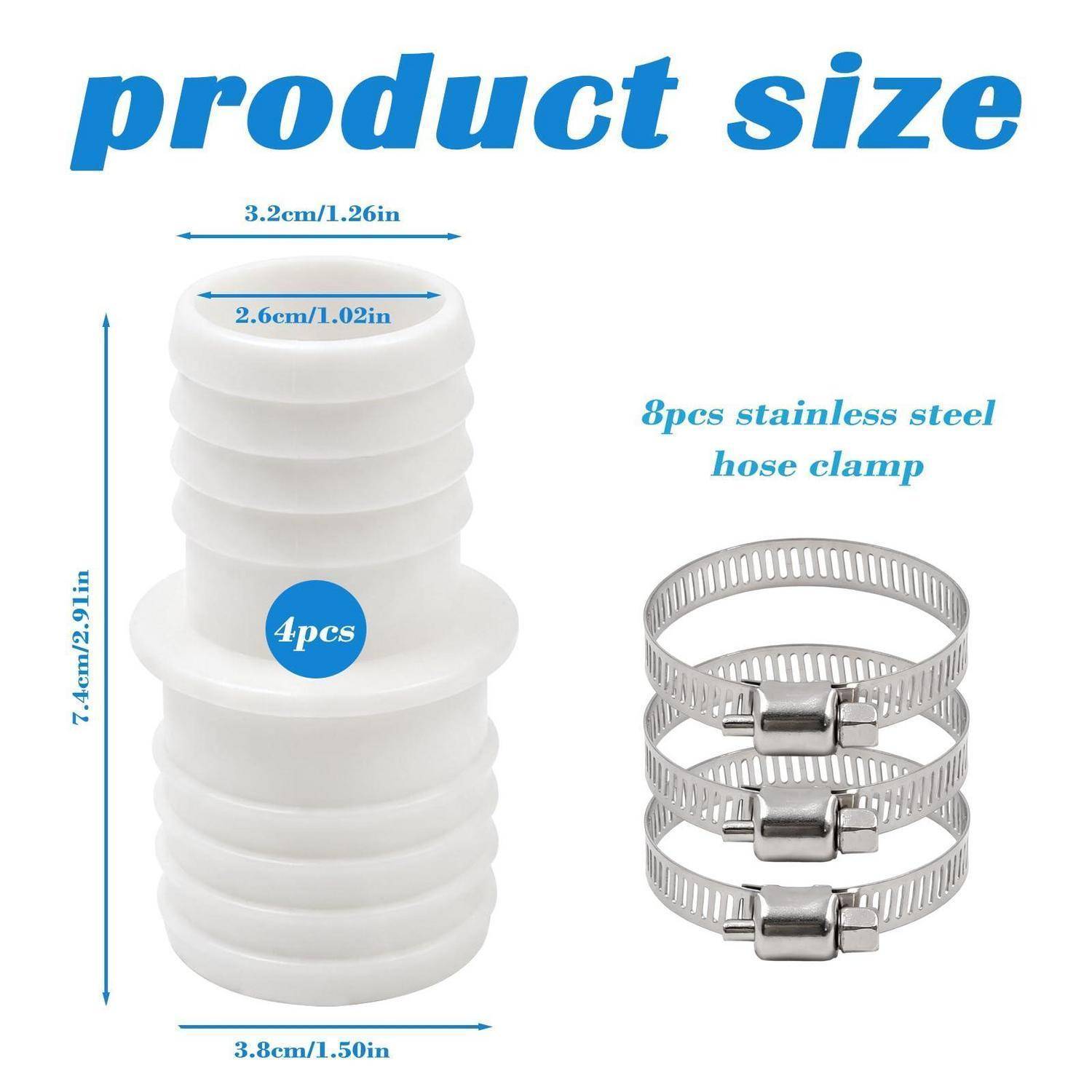Produktgrößendiagramm mit einem weißen Schlauchanschluss, 7,4 cm Höhe, 3,8 cm Basis, 3,2 cm Oberseite, mit „4er-Pack