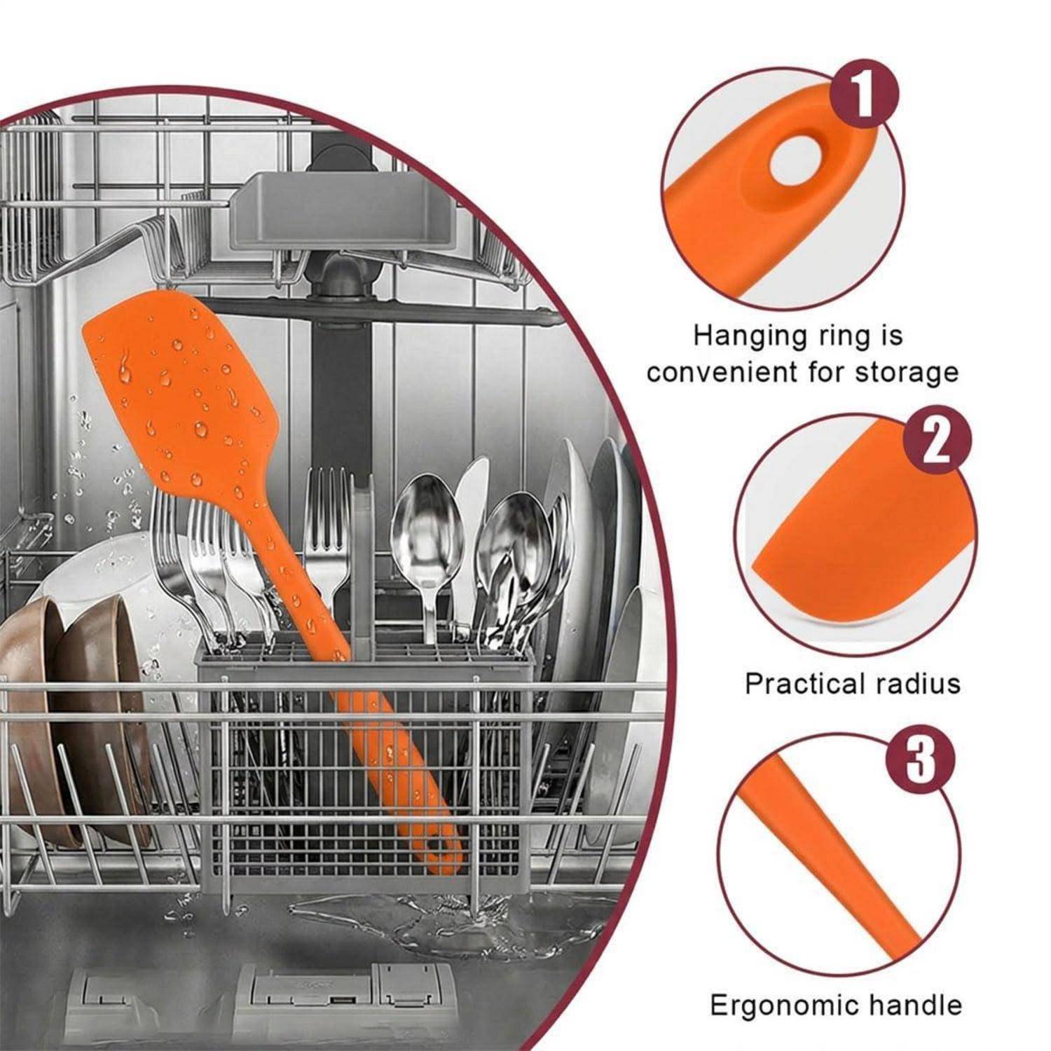 Orange-Silikon-Spatel in einem Spülmaschinengitter platziert, mit Beschriftungen für Aufbewahrung mit Aufhängering, praktischer abgerundeter Kante und ergonomischem Griff.