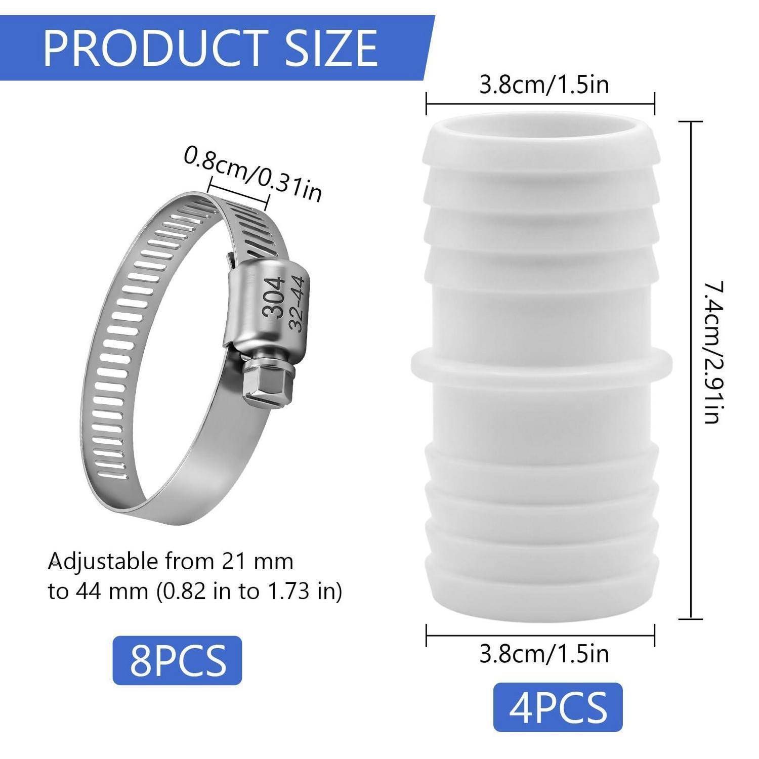 Größendiagramm des Produkts zeigt eine Schlauchschelle und einen gerippten Anschluss; die Schelle verstellt sich von 21 mm auf 44 mm, der Anschluss misst 3,8 cm Breite und 7,4 cm Höhe, mit den Bezeichnungen „8 Stück
