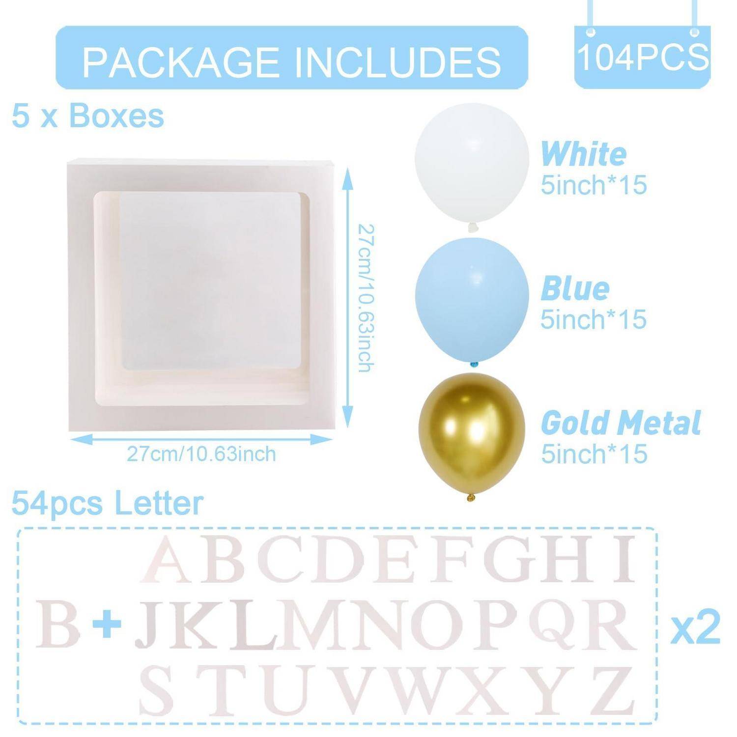 Das Paket enthält 5 Boxen, 54 Buchstabendekale und 104 Luftballons in Weiß, Blau und Gold Metallic; die Boxgröße ist mit 27 cm Quadrat angegeben.
