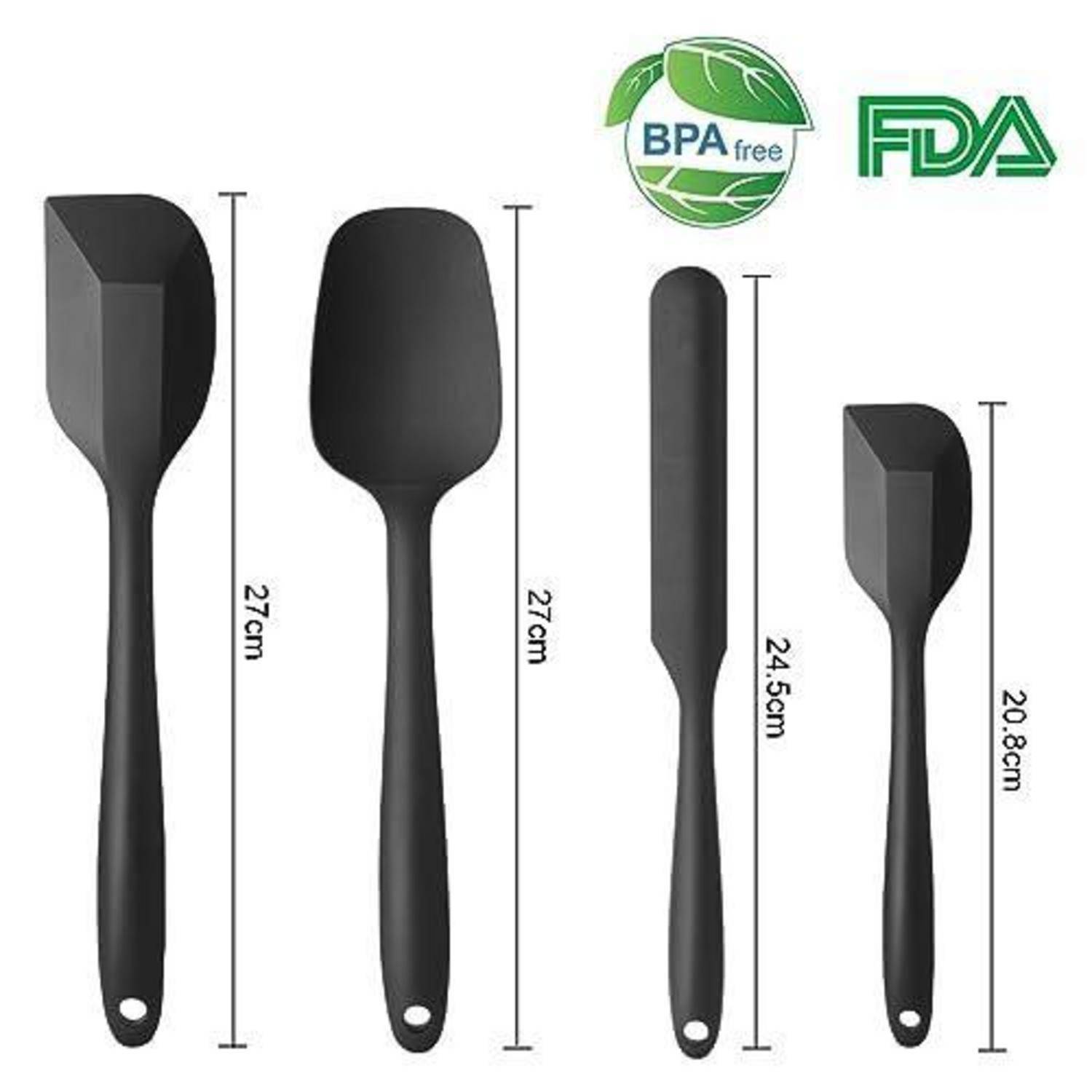 Set von vier schwarzen Silikon-Spachteln mit Größenetiketten, zeigt BPA-freie und FDA-zugelassene Symbole.