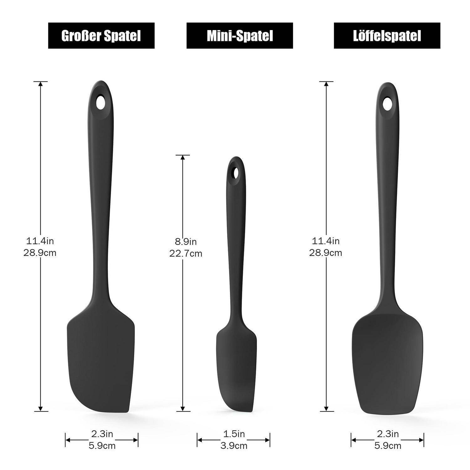 Vergleichstabelle von drei schwarzen Spachteln mit den Bezeichnungen Grober Spatel, Mini-Spatel und Löffelspatel, die Größen von 11,4 Zoll, 8,9 Zoll und 11,4 Zoll mit Breiten von Griff und Klinge zeigen.