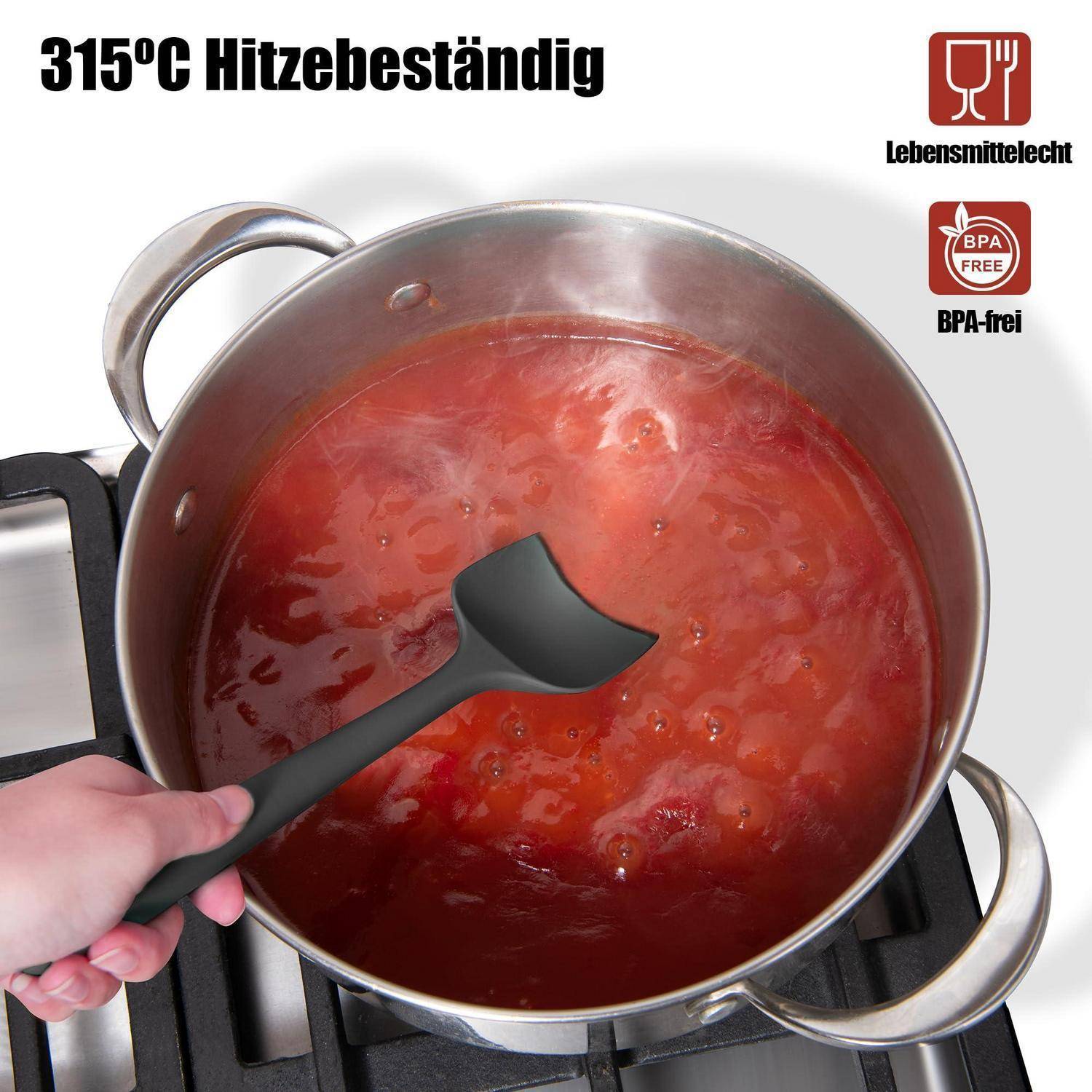 Eine Hand rührt eine kochende rote Sauce in einem Topf auf einem Herd mit einem Spatel um; der Text sagt „315°C Hitzebeständig