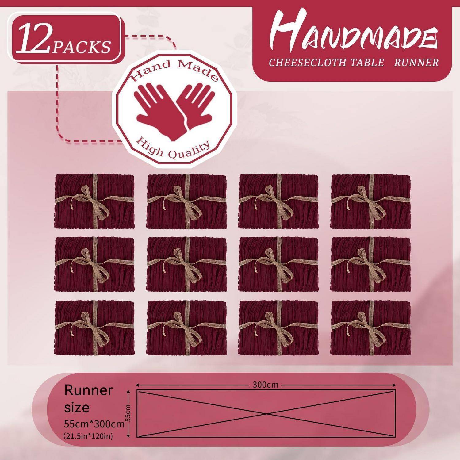 Produktbild von 12 burgunderfarbenen handgefertigten Mullbinde-Tischläufern, gebündelt zusammengebunden, mit Größenangabe von 55 cm x 300 cm und 300 cm Längenschema.