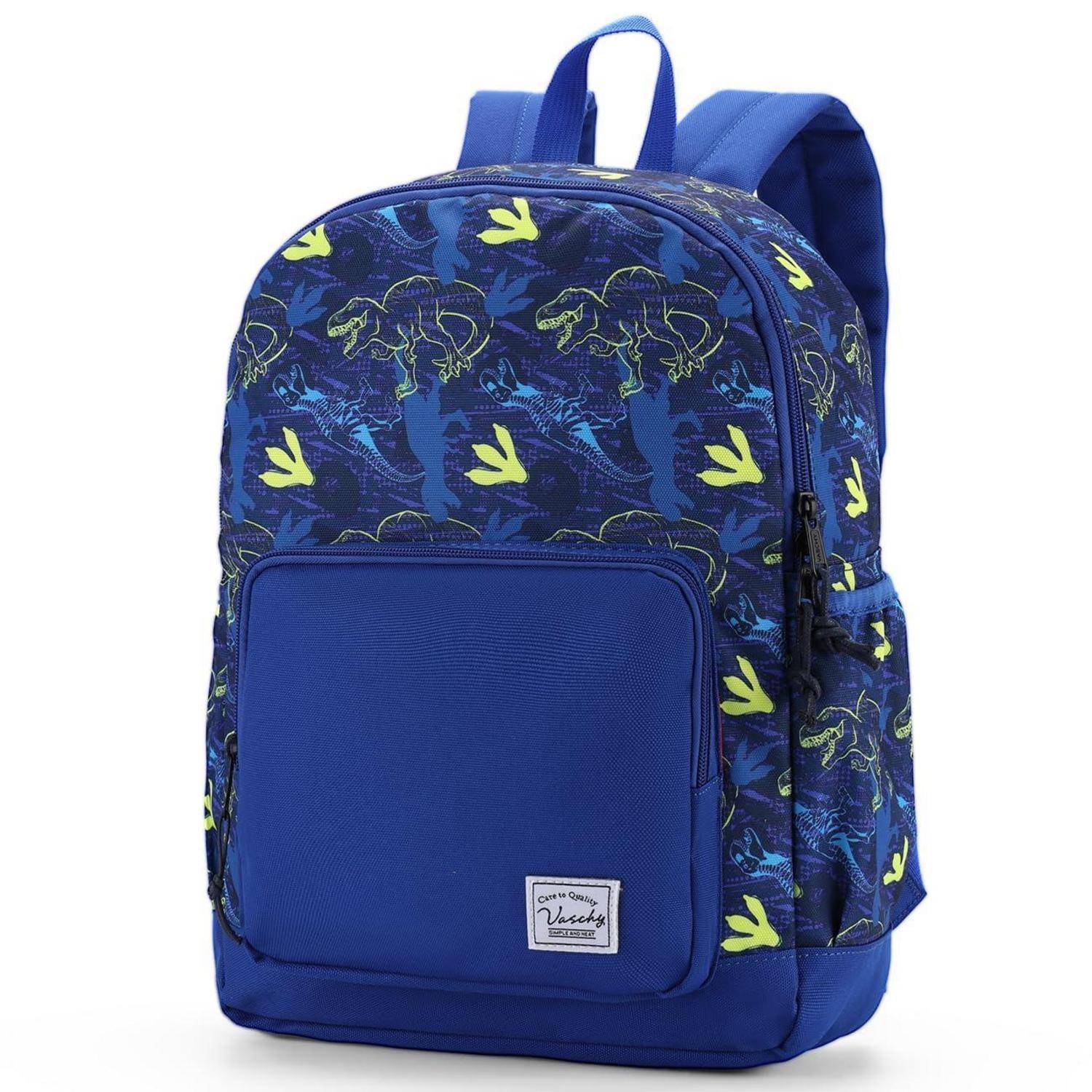 Blauer Rucksack mit Dinosauriermuster, Vordertasche, Oberer Griff und Seitentasche auf weißem Hintergrund.