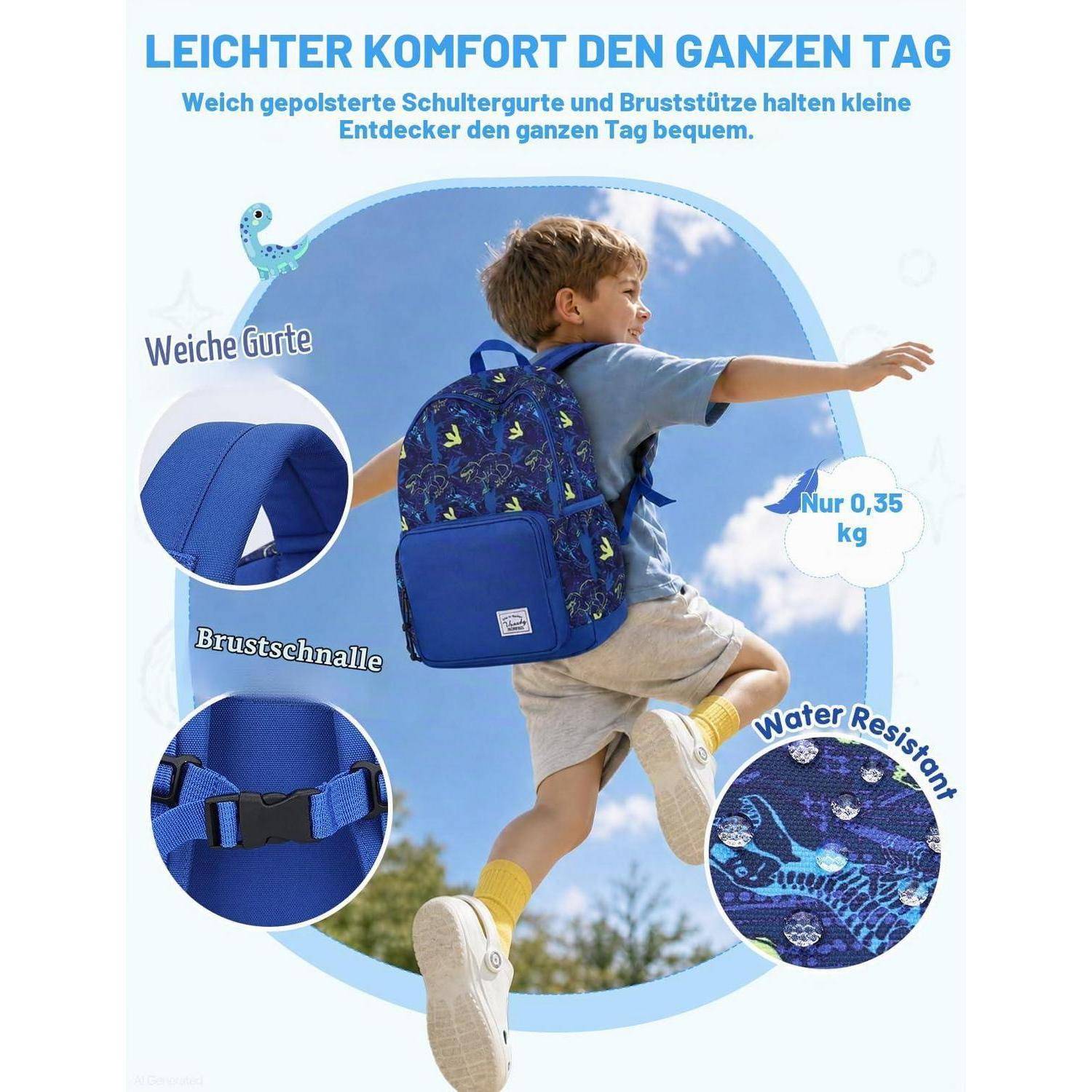 Produktanzeige für einen leichten blauen Kinderrucksack an einem springenden Jungen, der gepolsterte Schultergurte, einen Brustgurt und Wasserbeständigkeit hervorhebt; Gewicht von 0,35 kg.
