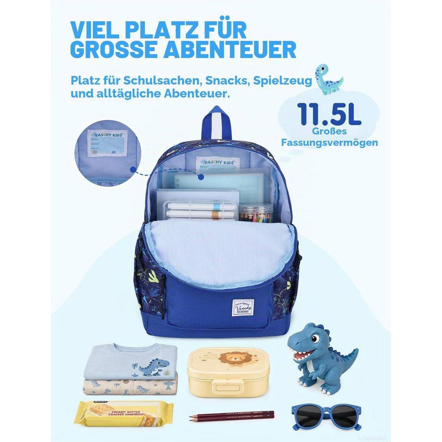 Blauer Kinderrucksack mit mehreren Fächern und 11,5 L Kapazität, gezeigt beim Halten von Schulbedarf; deutscher Text besagt, dass er Platz für Bücher, Snacks, Spielzeug und alltägliche Abenteuer hat.