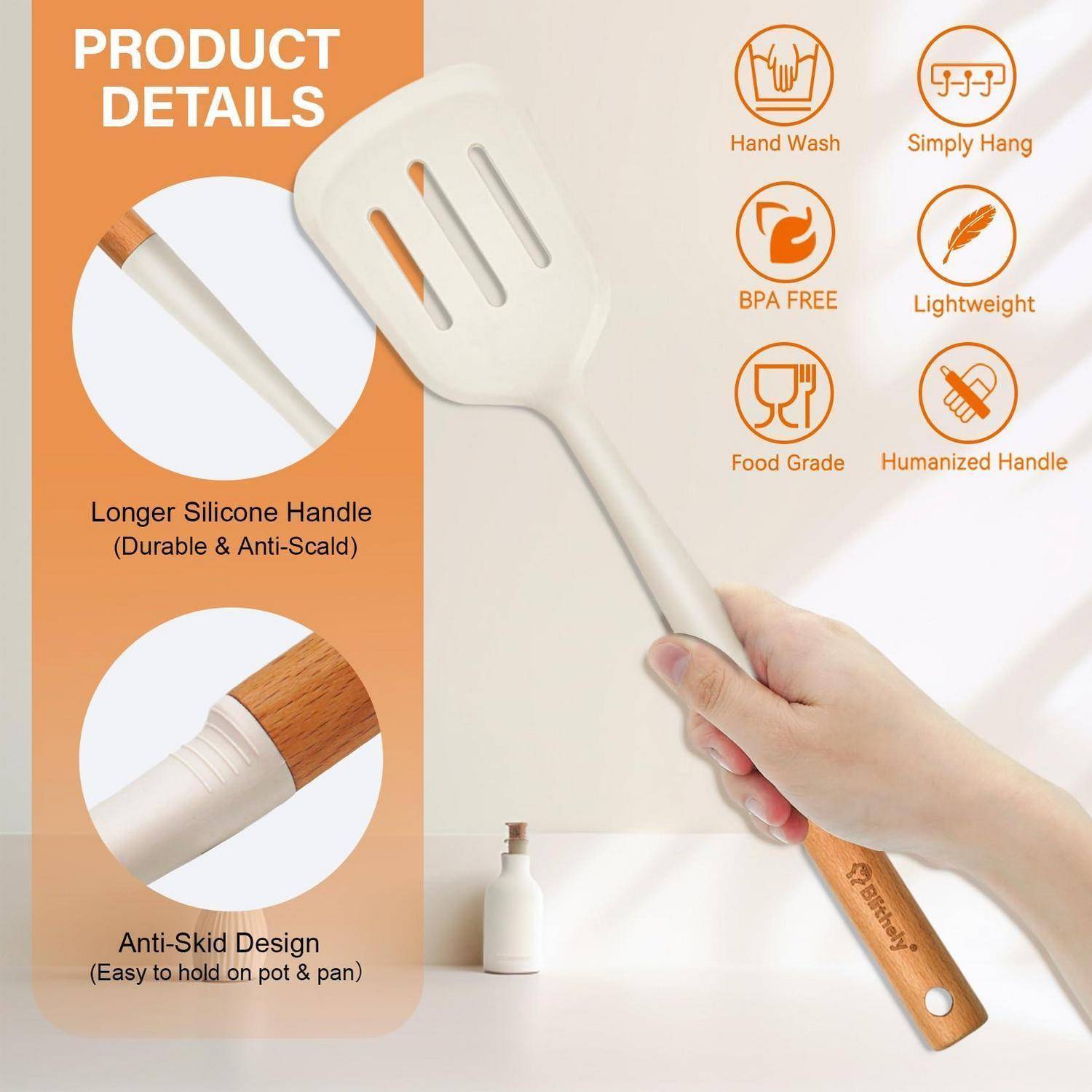 Produktdetails-Grafik, die einen Silikonspatel mit langem wärmeisolierendem Griff, rutschfestem Griff und Symbolen für Handwäsche, aufhängbar, BPA-frei, leicht, Lebensmittelqualität und ergonomisch geformter Griff zeigt.
