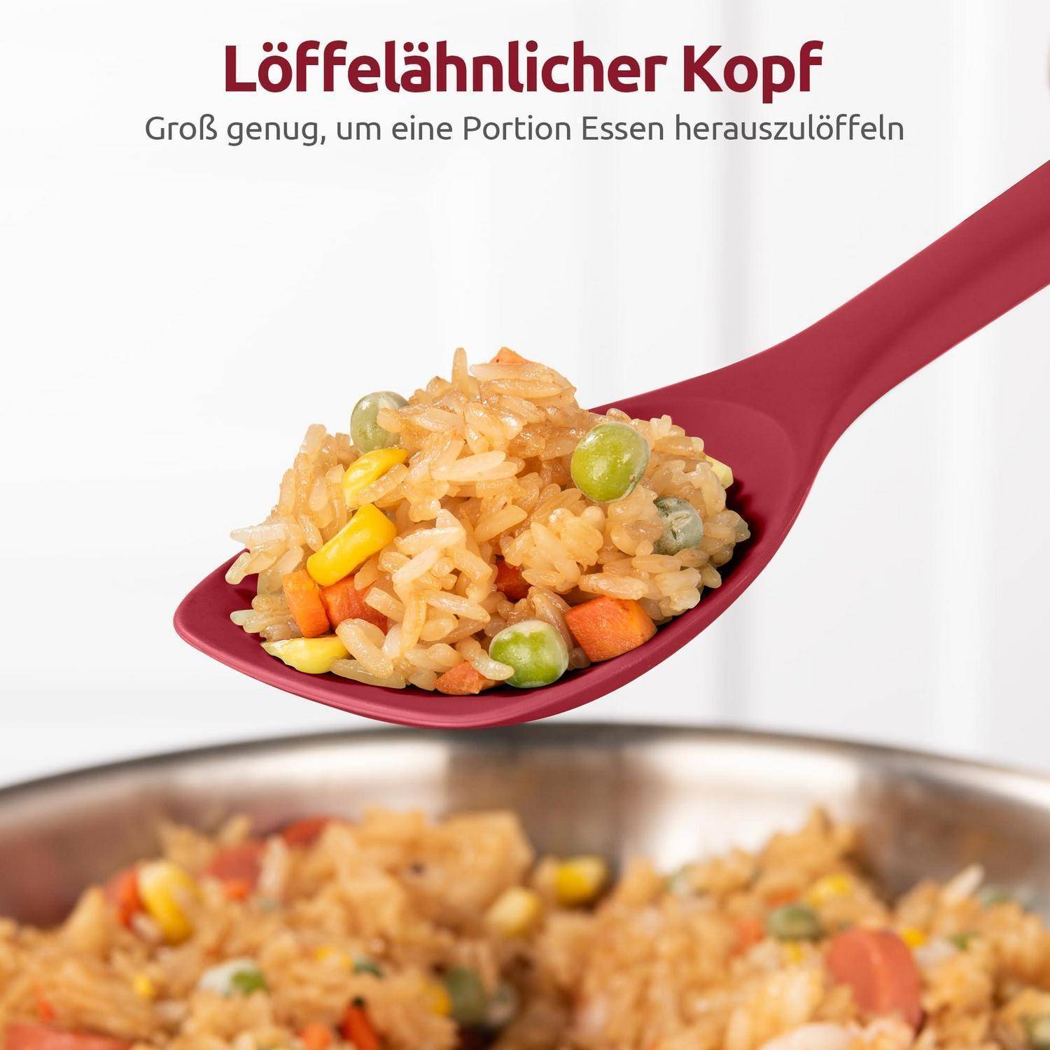 Roter Löffel mit großem löffelförmigem Kopf, der Reis und gemischtes Gemüse über einer Pfanne hält; der deutsche Text sagt „Löffelförmiger Kopf