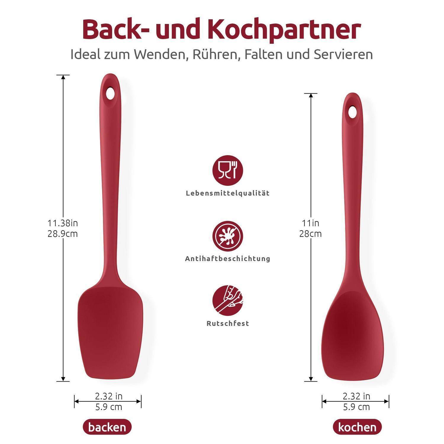 Deutsches Produktgrafik zum Vergleich eines roten Spatels und Löffels mit Maßen: 'backen' 11,38 Zoll und 'kochen' 11 Zoll; Symbole vermerken Lebensmittelsicherheit, Antihaftbeschichtung und Rostbeständigkeit.