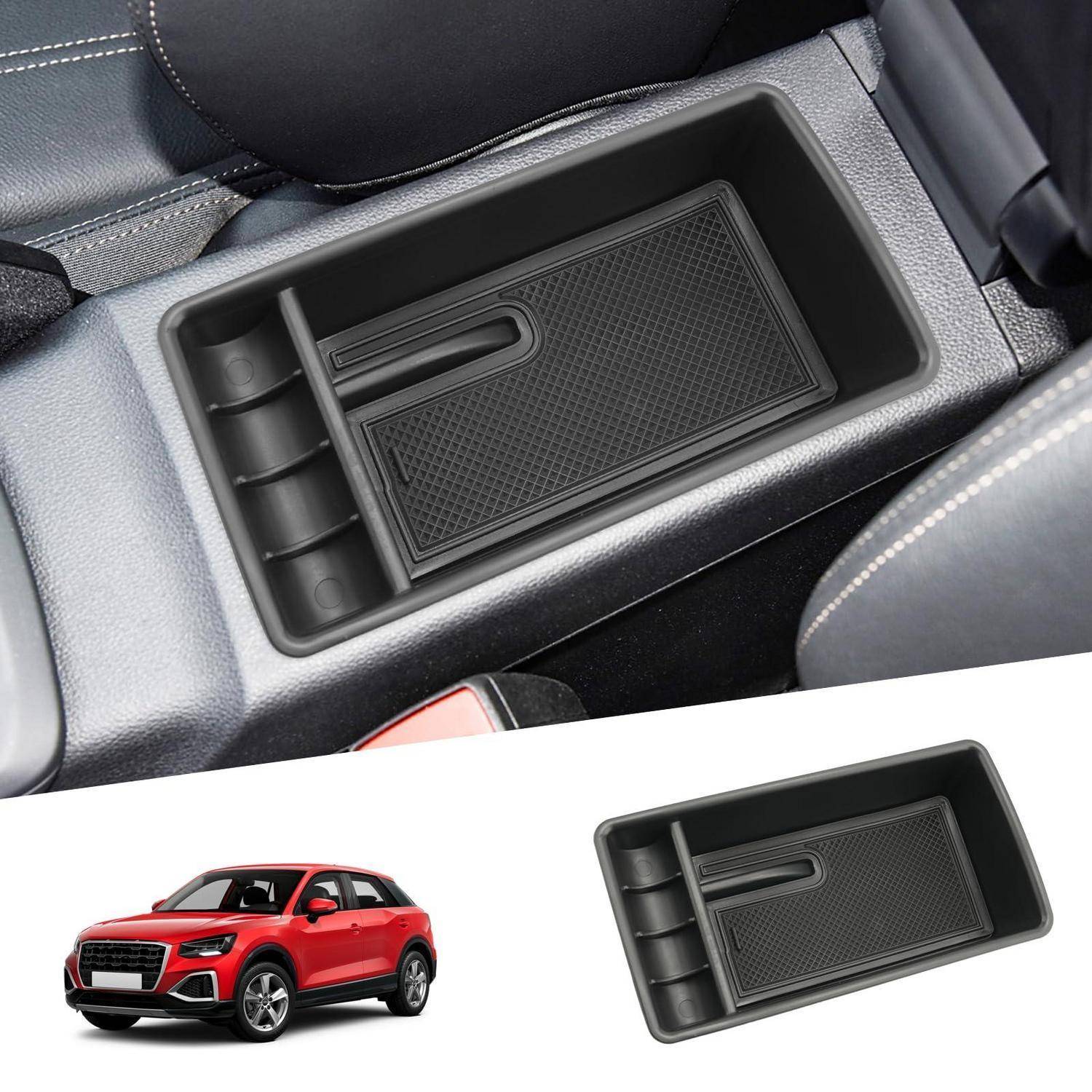 Ablage im Mittelkonsole des Autos mit einem kleinen abnehmbaren Fach und Münzschlitzen, gezeigt im Fahrzeug und separat als Produktansicht.
