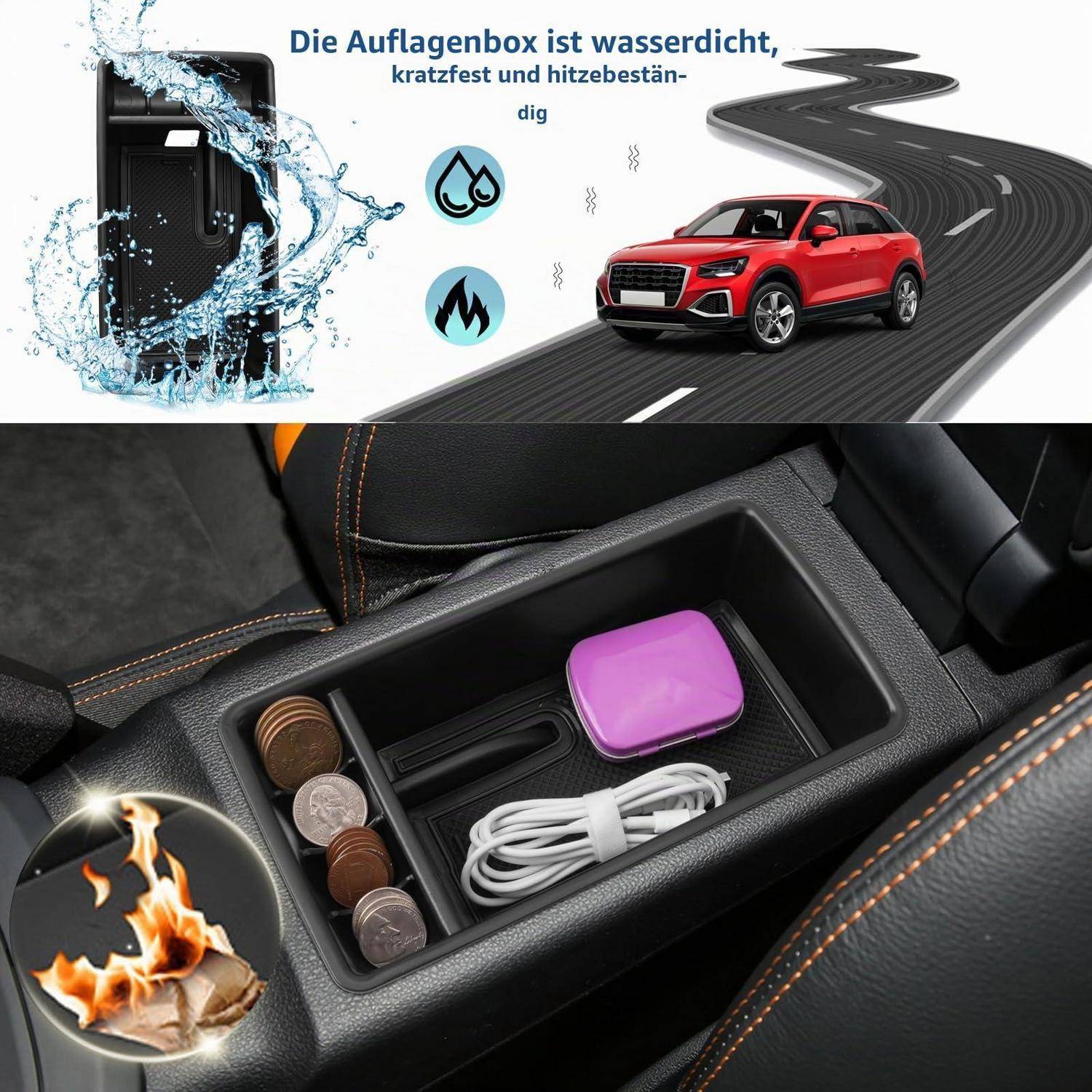 Die Anzeige zeigt eine wasserdichte Mittelkonsolen-Aufbewahrungsbox für Autos, die kratzfest und hitzebeständig ist, mit Münzen, einem Kabel und einem violetten Etui im Inneren.