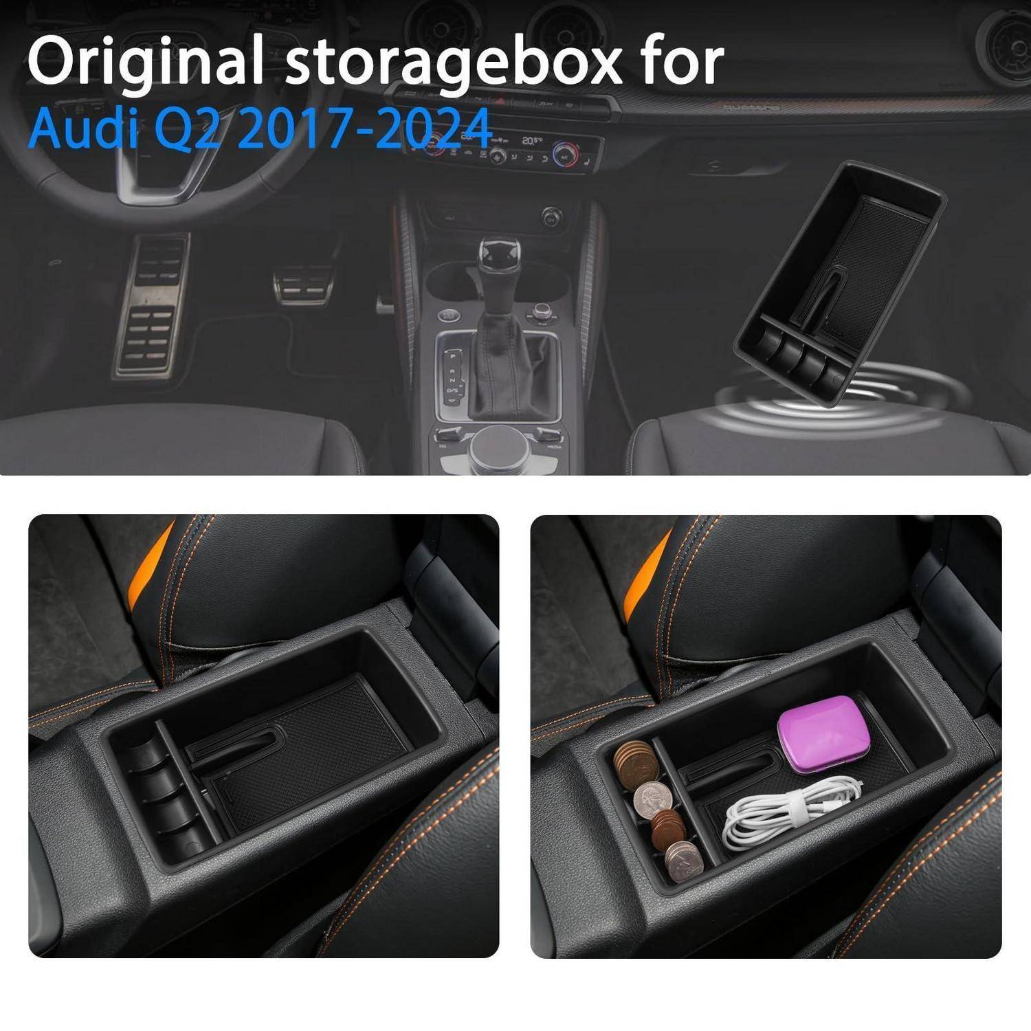 Werbebild, das eine Original-Aufbewahrungsbox für Audi Q2 2017-2024 zeigt, die zwischen den Vordersitzen installiert ist und kleine Gegenstände wie Münzen, Kabel und ein Etui enthält.
