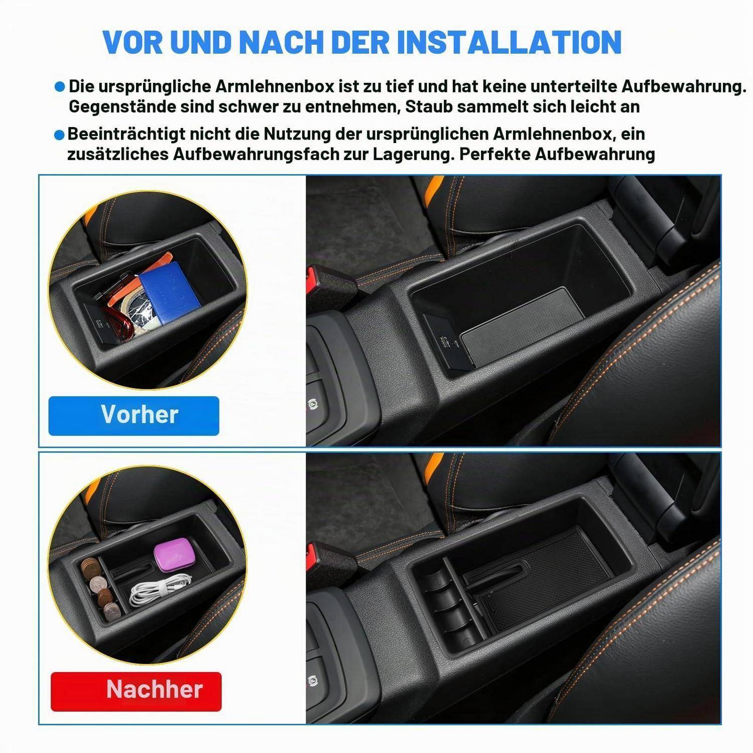 Vorher-Nachher-Vergleich eines Kfz-Mittelkonsolen-Organizers: Eine tiefe offene Aufbewahrungsbox wird durch ein unterteiltes Tablett ersetzt, das kleine Fachbereiche für Gegenstände hinzufügt.