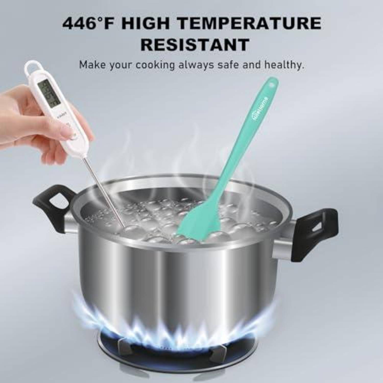 Werbebild einer Silikonspachtel und eines Thermometers in einem kochenden Topf, beschriftet mit „446°F HITZEBESTÄNDIG