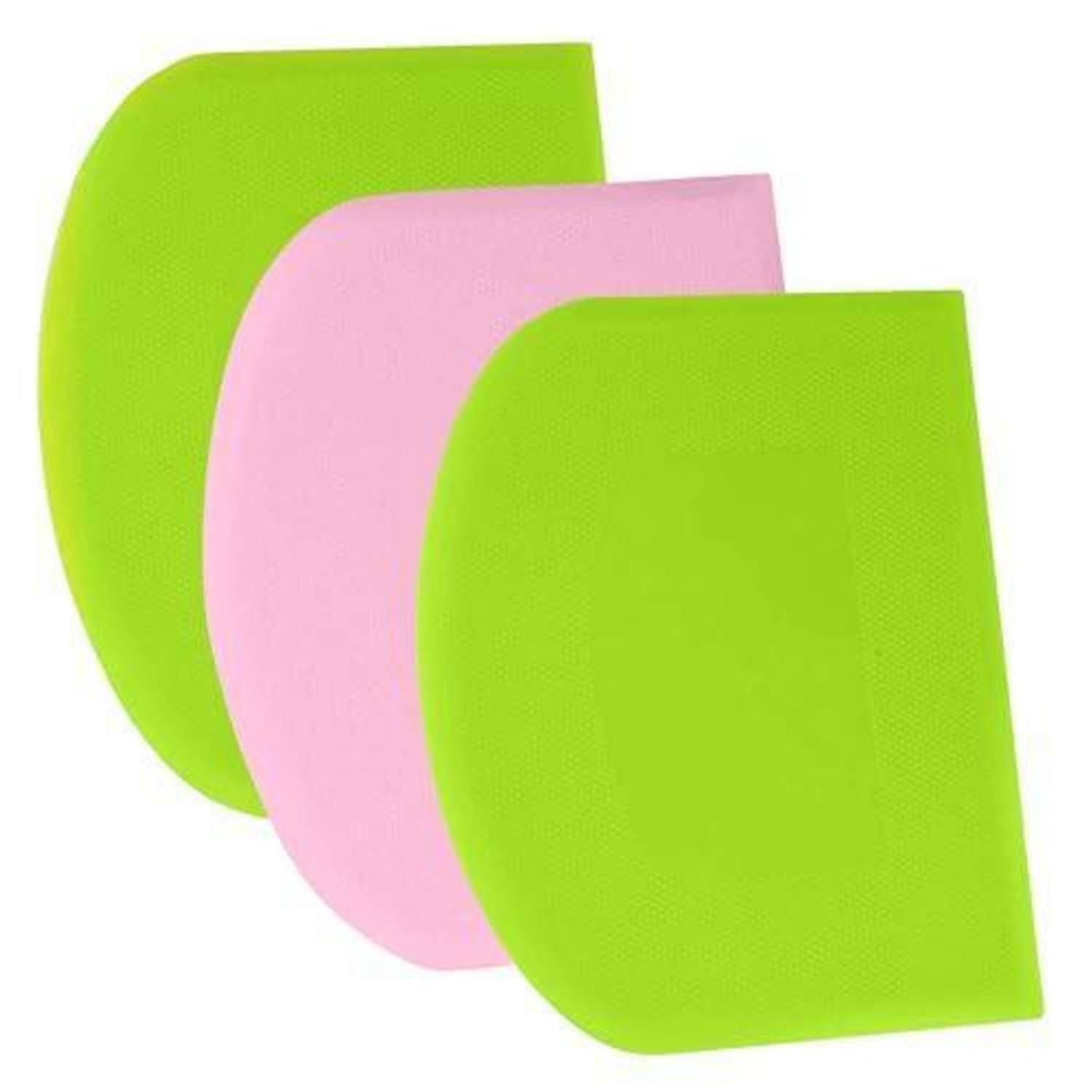 Drei überlappende gerundete quadratische Blätter in leuchtendem Grün und Pink auf weißem Hintergrund.