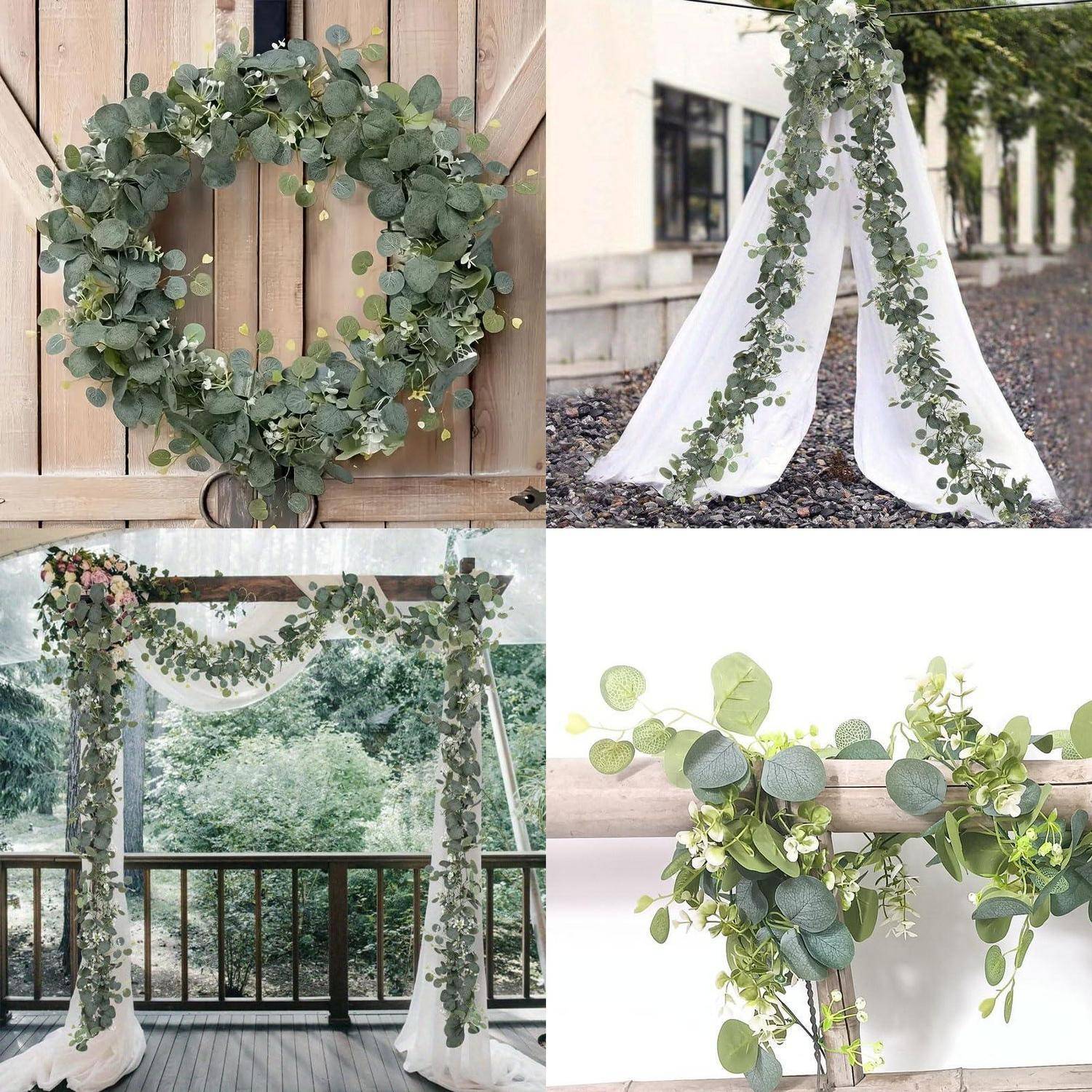 Collage von Grünflächenwedding-Dekorationen: Eukalyptuskranz, drapierter Bogen und hängende Girlanden auf einem Balkon und einer Türöffnung.