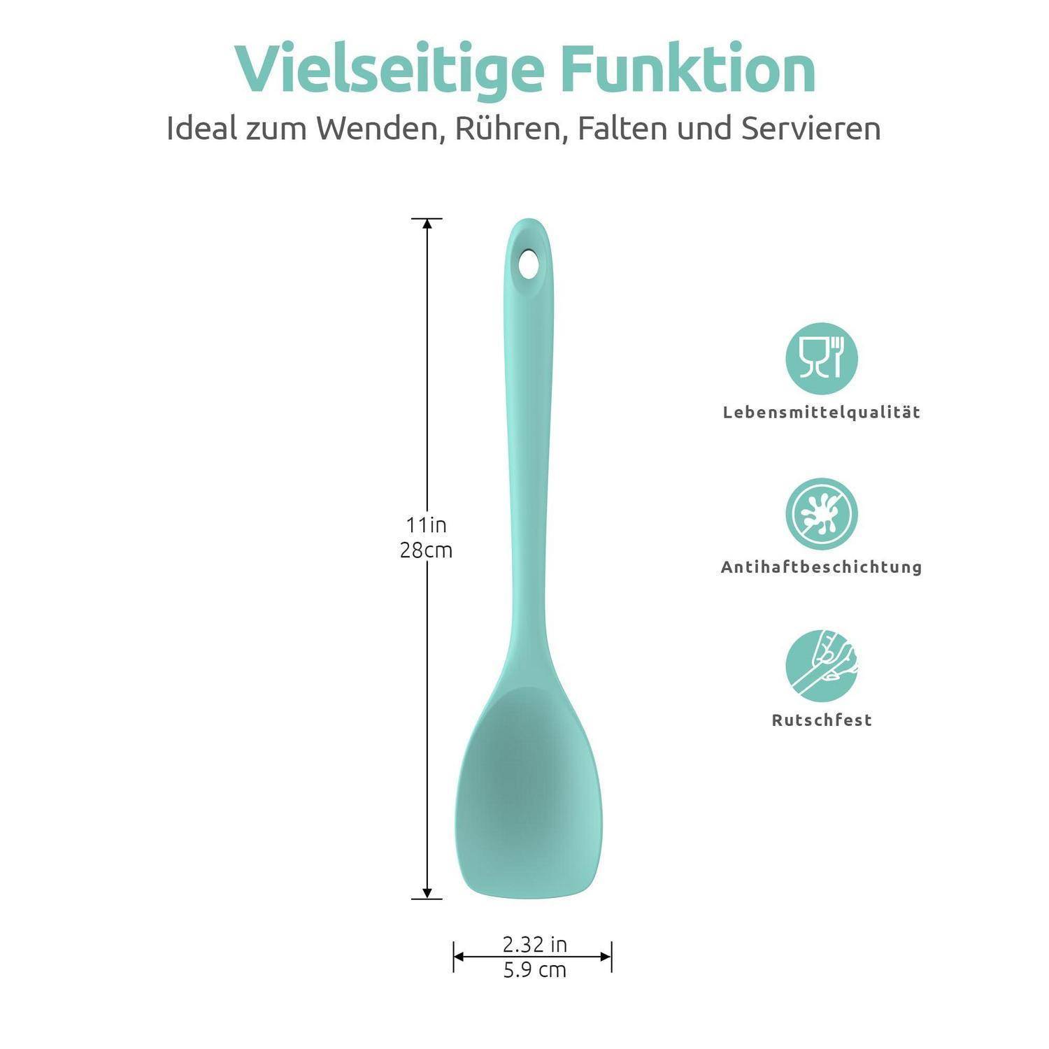 Türkisfarbener Silikonspatel, 11 Zoll groß und 2,32 Zoll breit, gekennzeichnet als vielseitig zum Wenden, Rühren, Falten und Servieren; lebensmittelecht, antihaftbeschichtet und rutschfest.