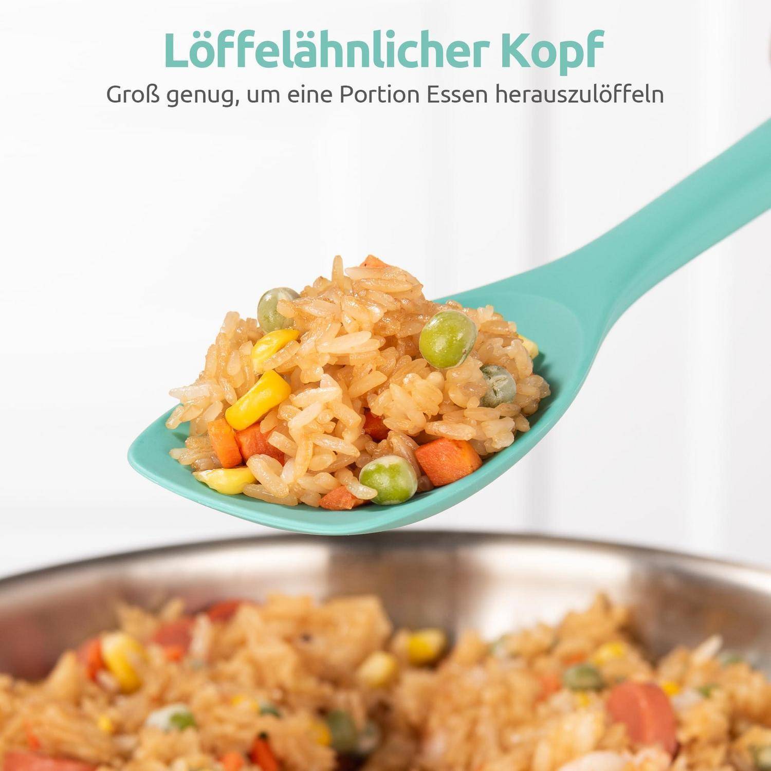 Türkisfarbenes löffelförmiges Serviertablet hält Reis und Gemüse über einer Schüssel; der Text sagt „Löffelähnlicher Kopf