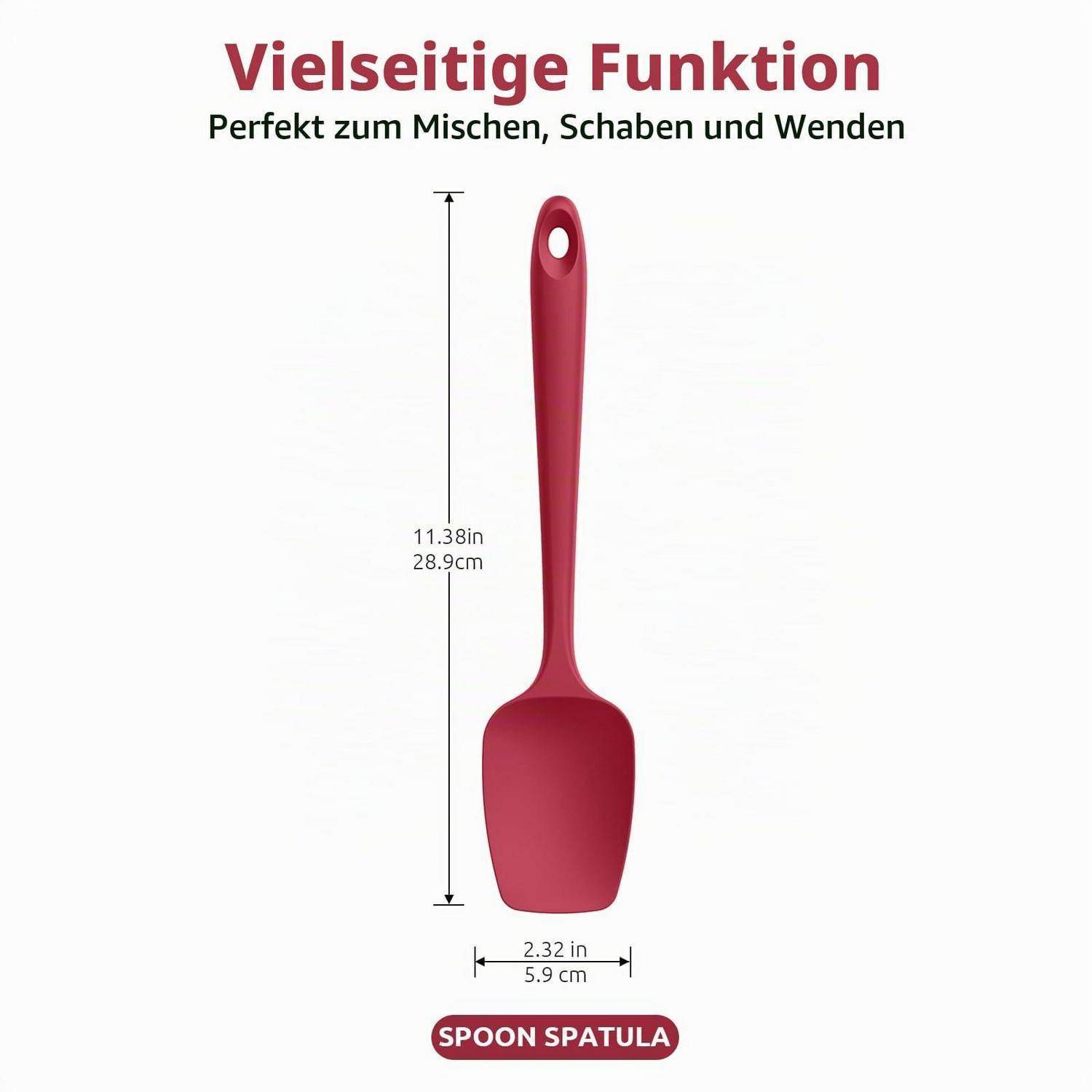 Roter Löffelspatula mit Abmessungen 11,38 in x 2,32 in; Text besagt „Vielseitige Funktion