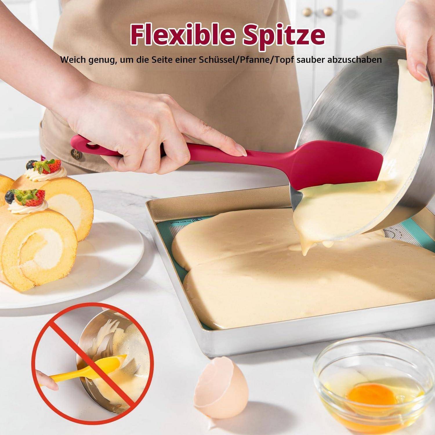 Eine Person verwendet einen flexiblen roten Spatel, um Teig aus einer Schüssel in eine Backform zu kratzen; deutscher Text liest „Flexible Spitze