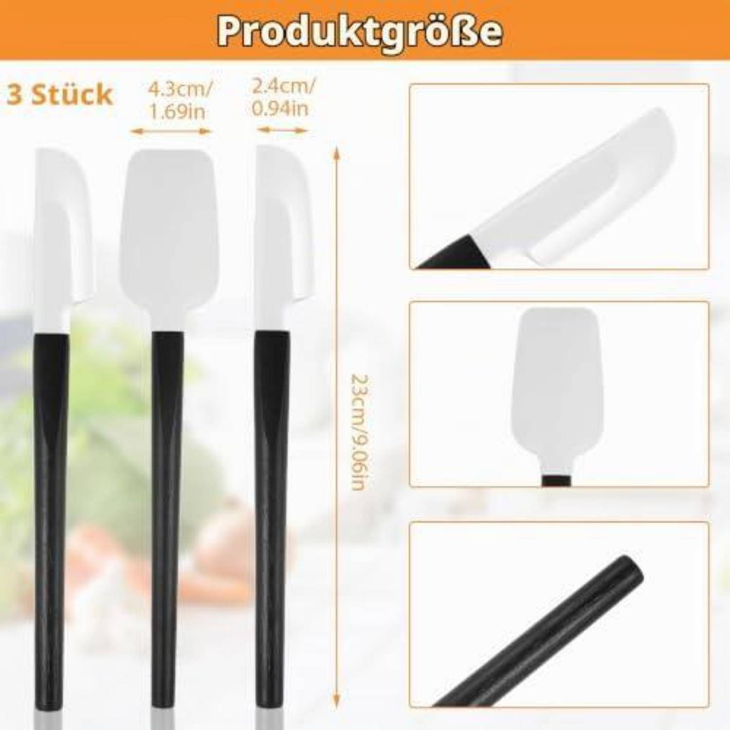 Produktgrößendiagramm für 3 Silikonspatel, das zeigt, dass jedes Werkzeug 23 cm lang ist mit Kopfabmessungen von 4,3 cm und 2,4 cm.