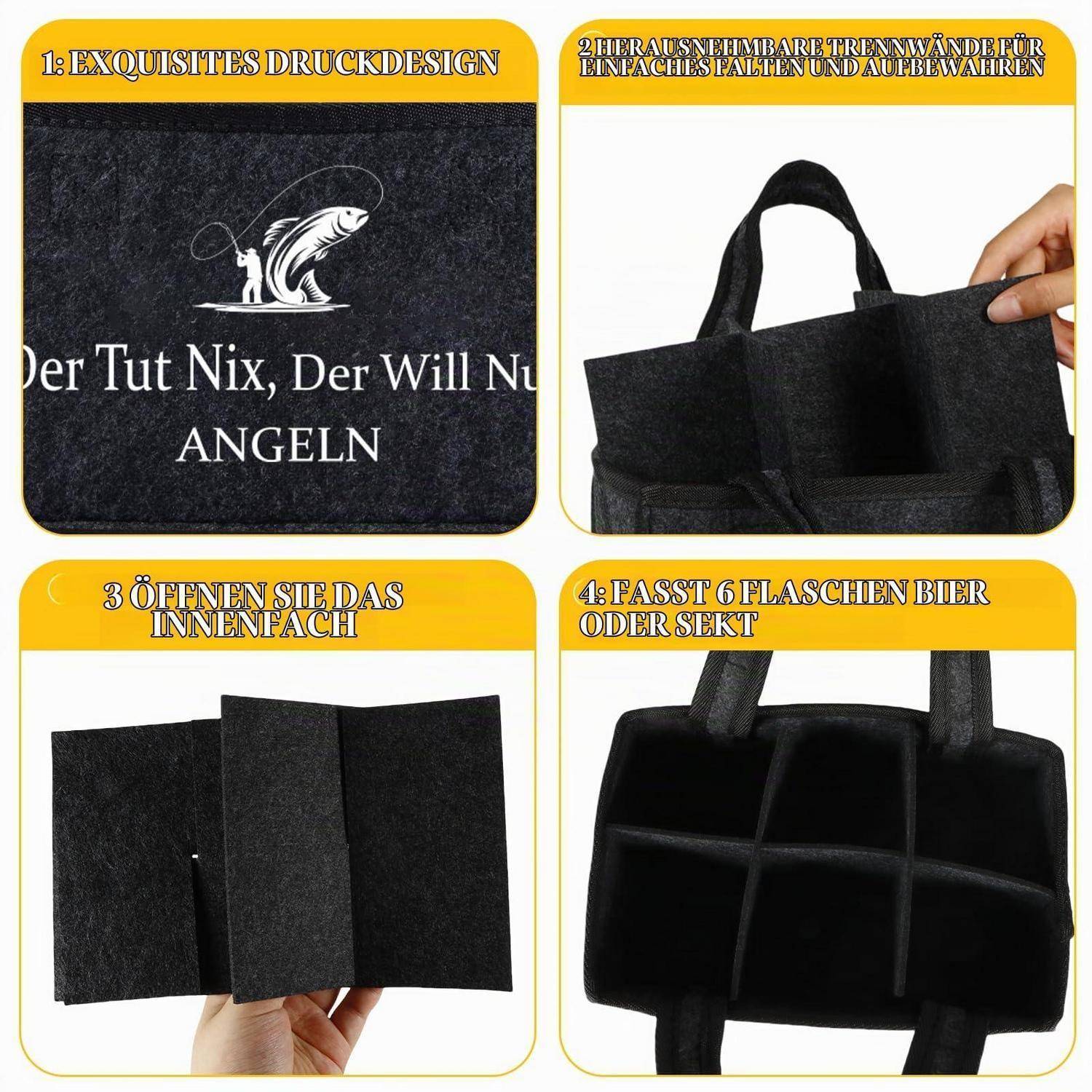 Vierpanel-Produktbild einer schwarzen Tragetasche mit Fischerei-Motiv, stabilen Griffen, offener Innenseite und einem Einsatz mit 6-Flaschen-Fächern.