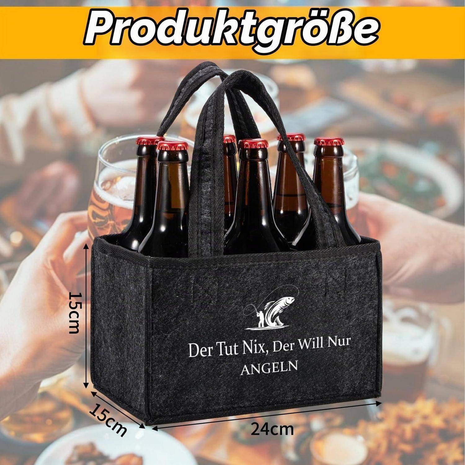 Schwarze Träger-Tasche für sechs Bierflaschen mit der Aufschrift „Der Tut Nix, Der Will Nur ANGELN", dargestellt in einer Produktgrößen-Grafik mit 24 cm Breite und 15 cm Höhe/Tiefe.